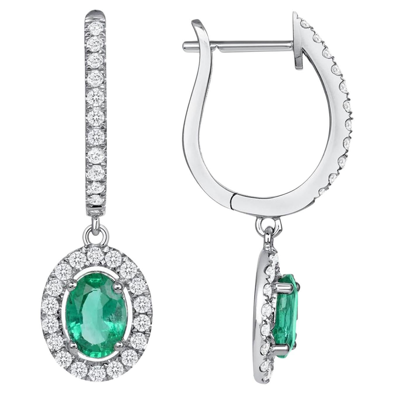 1.22 CT Natural Colombian Emerald 0.59 CT Diamonds 14K White Gold Drop Earrings For Sale