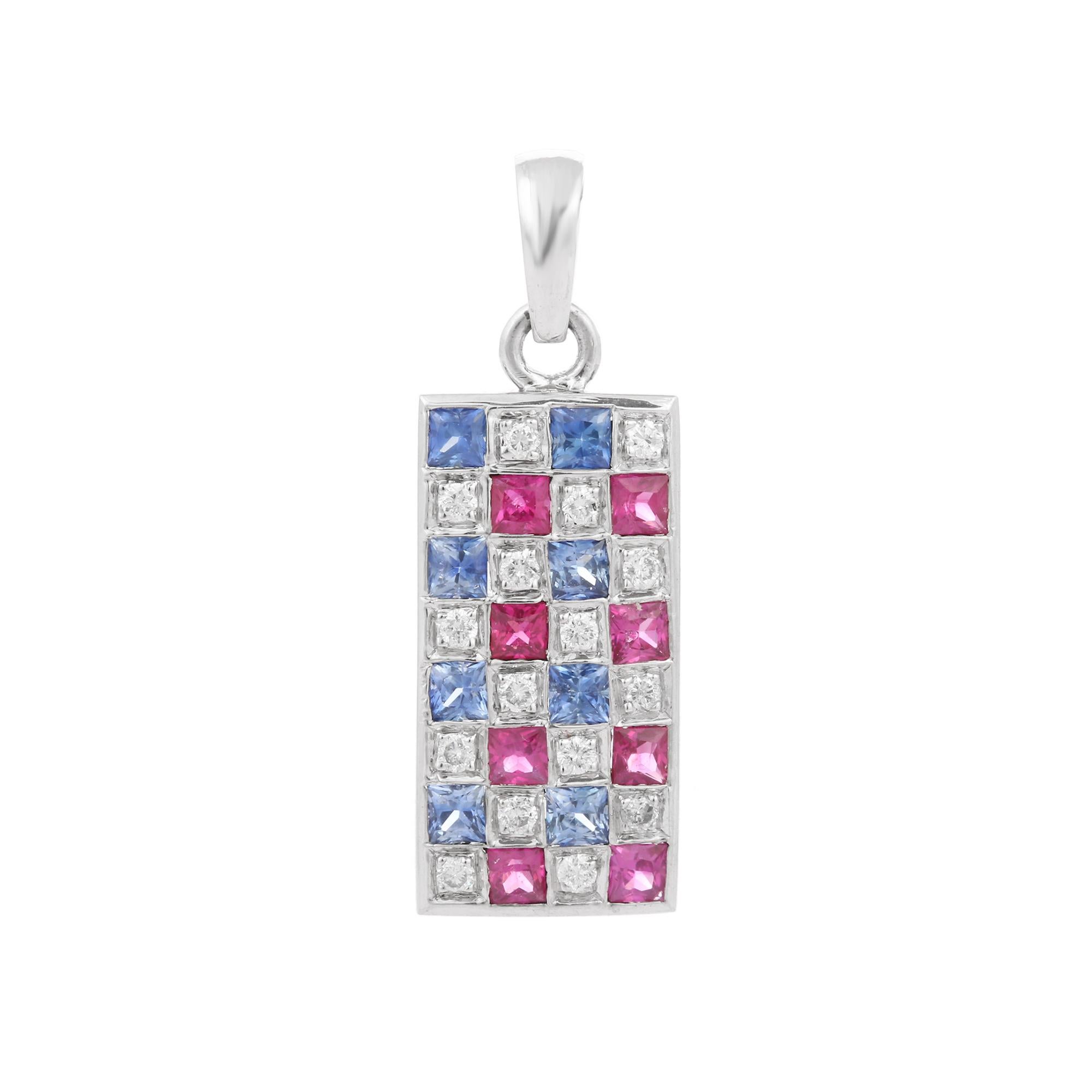 Sapphire, ruby and diamond checks bar pendant in 18K Gold. It has a square cut gemstone studded with diamonds that completes your look with a decent touch. Pendants are used to wear or gifted to represent love and promises. It's an attractive