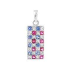 1.22 Ct Sapphire Ruby and Diamond Checks Bar Pendant Encrusted in 18K White Gold