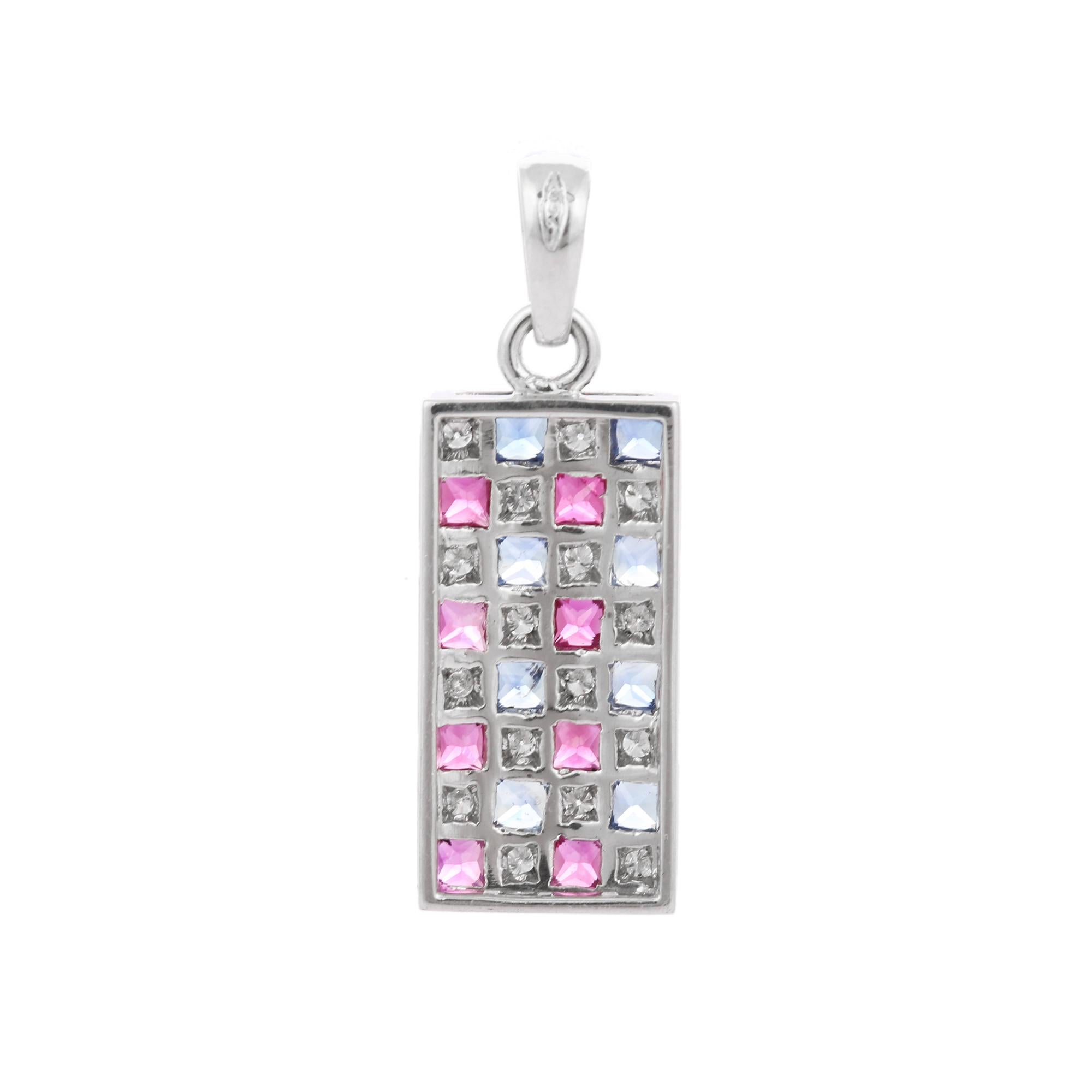 Square Cut 1.22 Ct Sapphire Ruby and Diamond Checks Bar Pendant Encrusted in 18K White Gold For Sale