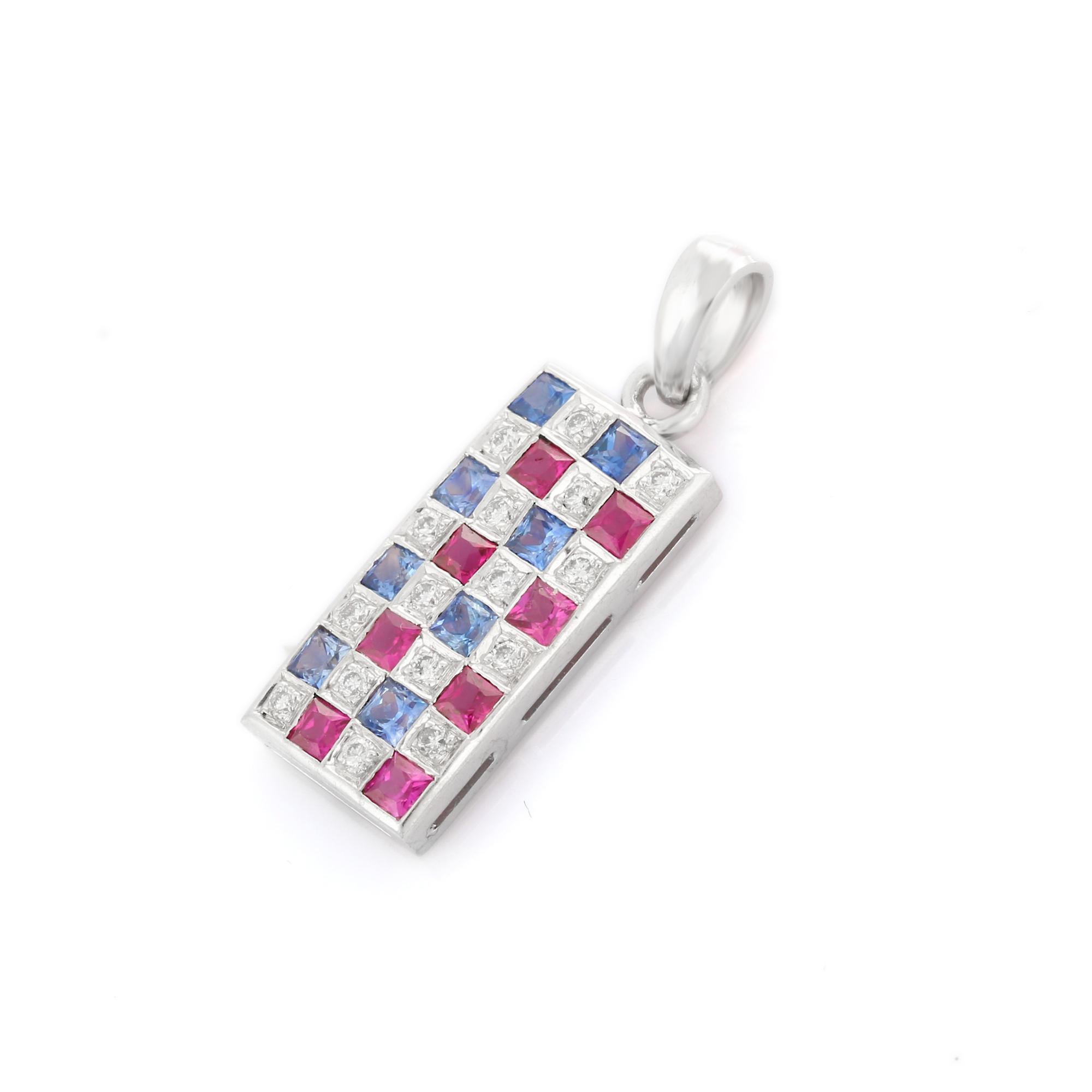 1.22 Ct Sapphire Ruby and Diamond Checks Bar Pendant Encrusted in 18K White Gold In New Condition For Sale In Houston, TX