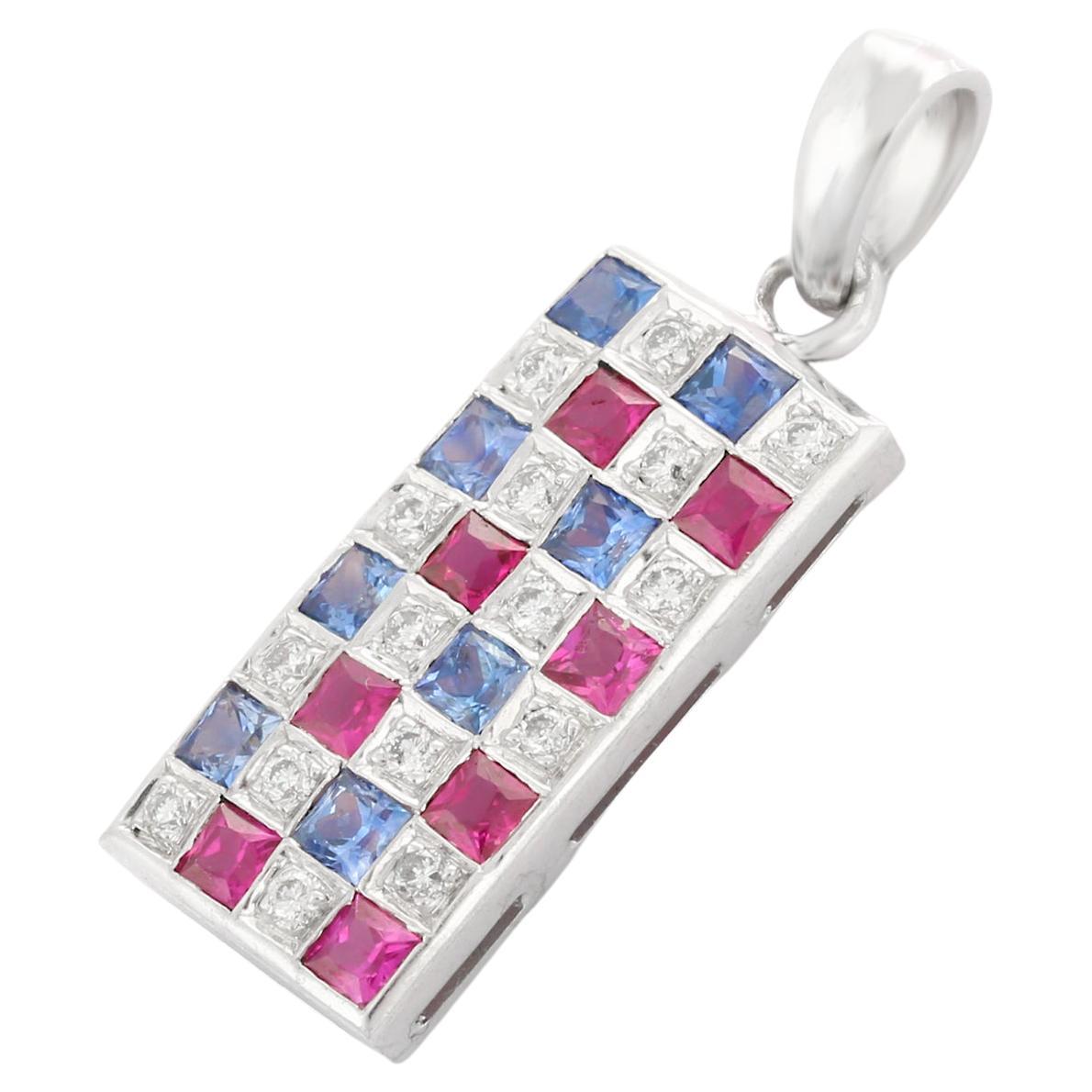 1.22 Ct Sapphire Ruby and Diamond Checks Bar Pendant Encrusted in 18K White Gold For Sale