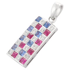 1.22 Ct Sapphire Ruby and Diamond Checks Bar Pendant Encrusted in 18K White Gold