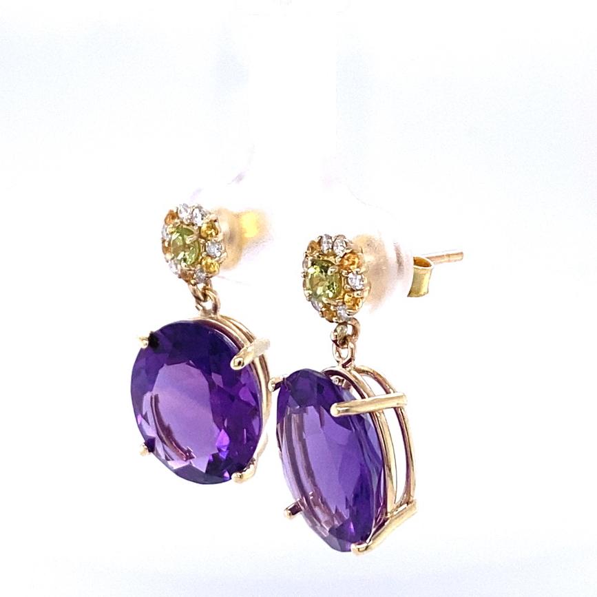 Contemporary 12.20 Carat Amethyst Sapphire and Diamond 14 Karat Yellow Gold Drop Earrings