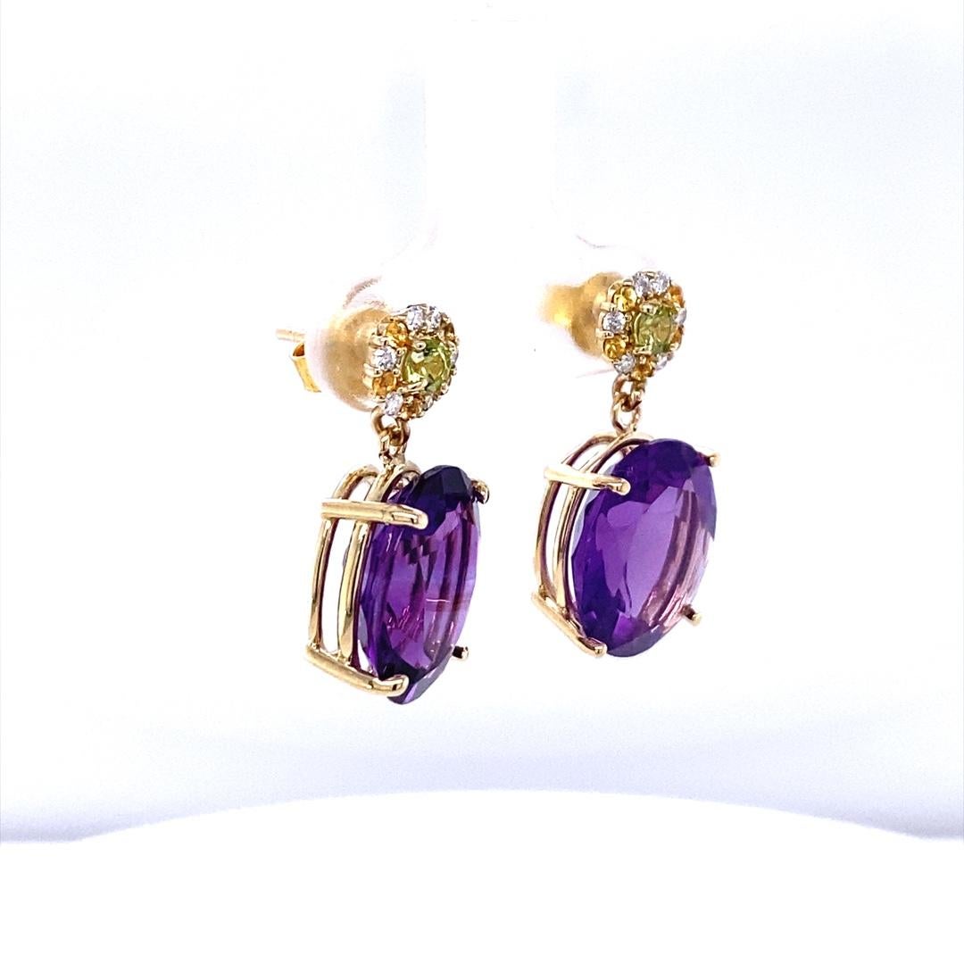 12.20 Carat Amethyst Sapphire and Diamond 14 Karat Yellow Gold Drop Earrings In New Condition In Los Angeles, CA