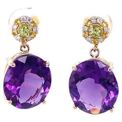 12.20 Carat Amethyst Sapphire and Diamond 14 Karat Yellow Gold Drop Earrings