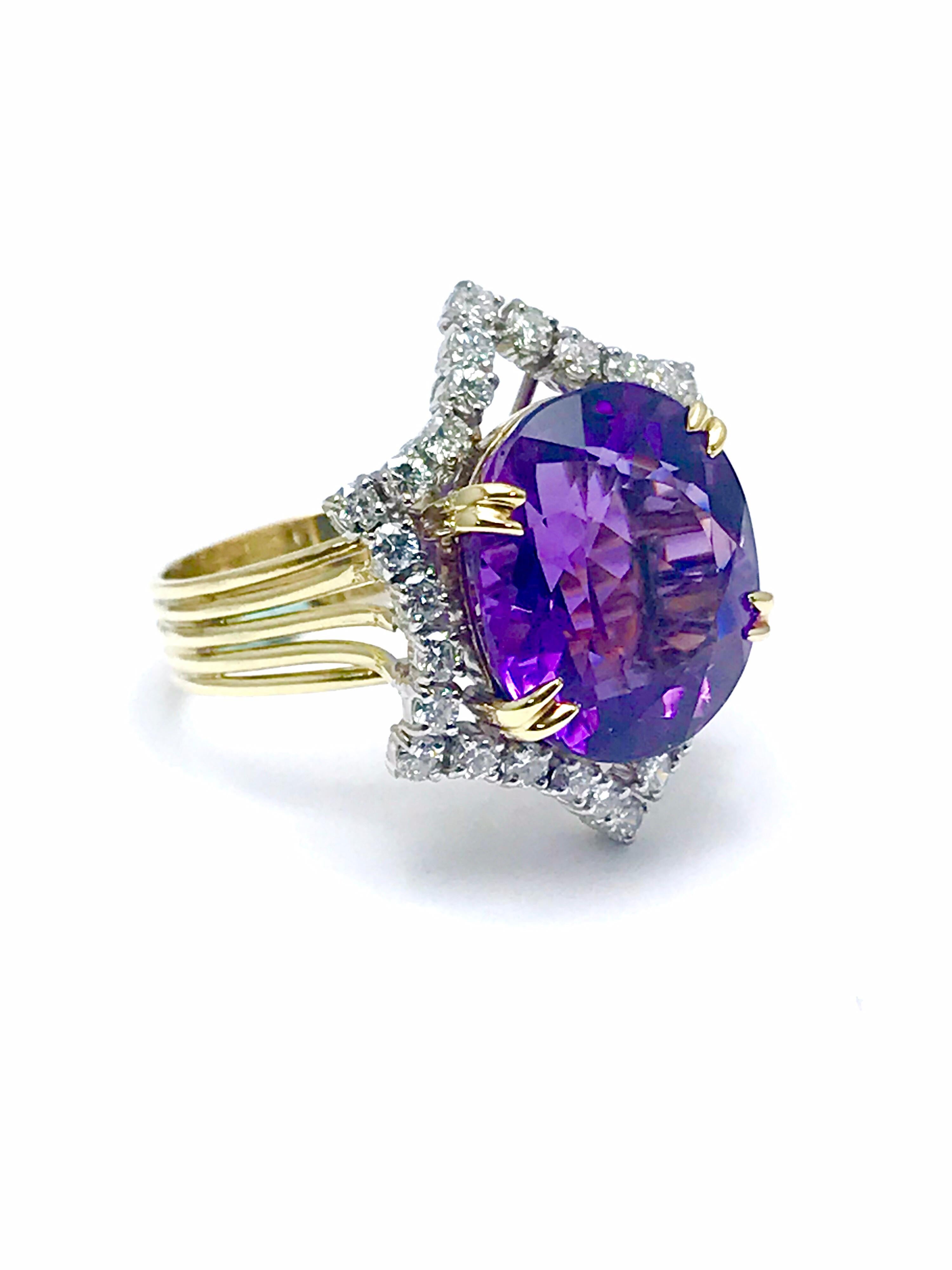Modern 12.20 Carat Oval Amethyst and Round Diamond Cocktail Ring