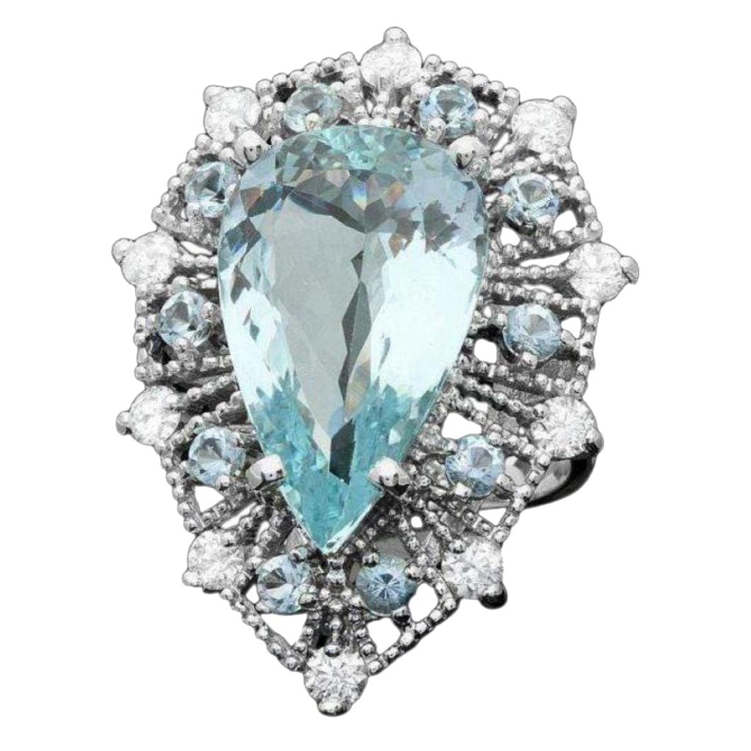 12.20 Carats Natural Aquamarine and Diamond 14K Solid White Gold Ring