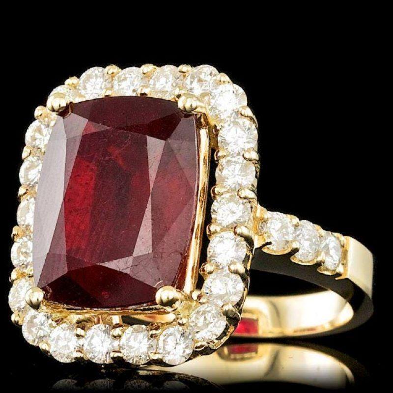 12.20 Carats Impressive Red Ruby and Natural Diamond 14K Yellow Gold Ring

Total Red Ruby Weight is: Approx. 10.50 Carats

Ruby Measures: Approx. 14.00 x 11.00mm

Ruby treatment: Fracture Filling

Natural Round Diamonds Weight: Approx. 1.70 Carats