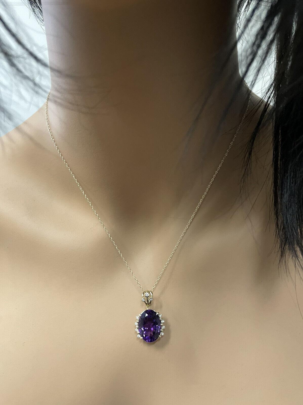 12.20Ct Natural Amethyst and Diamond 14K Solid Yellow Gold Necklace For Sale 3