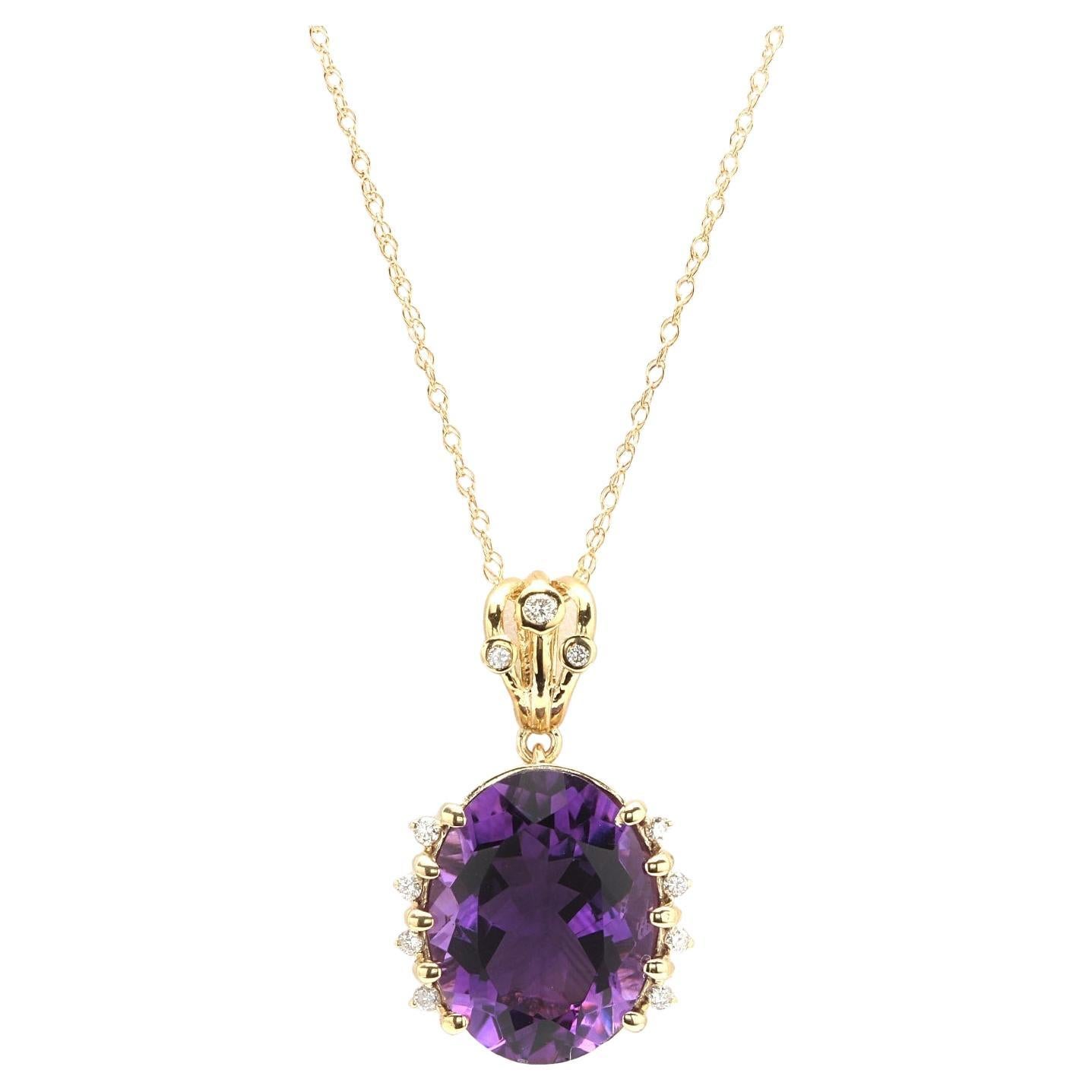 12.20Ct Natural Amethyst and Diamond 14K Solid Yellow Gold Necklace For Sale