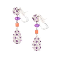 12.21 Carat Amethyst Coral Diamond Drop 18 Karat White Gold Dangle Drop Earrings