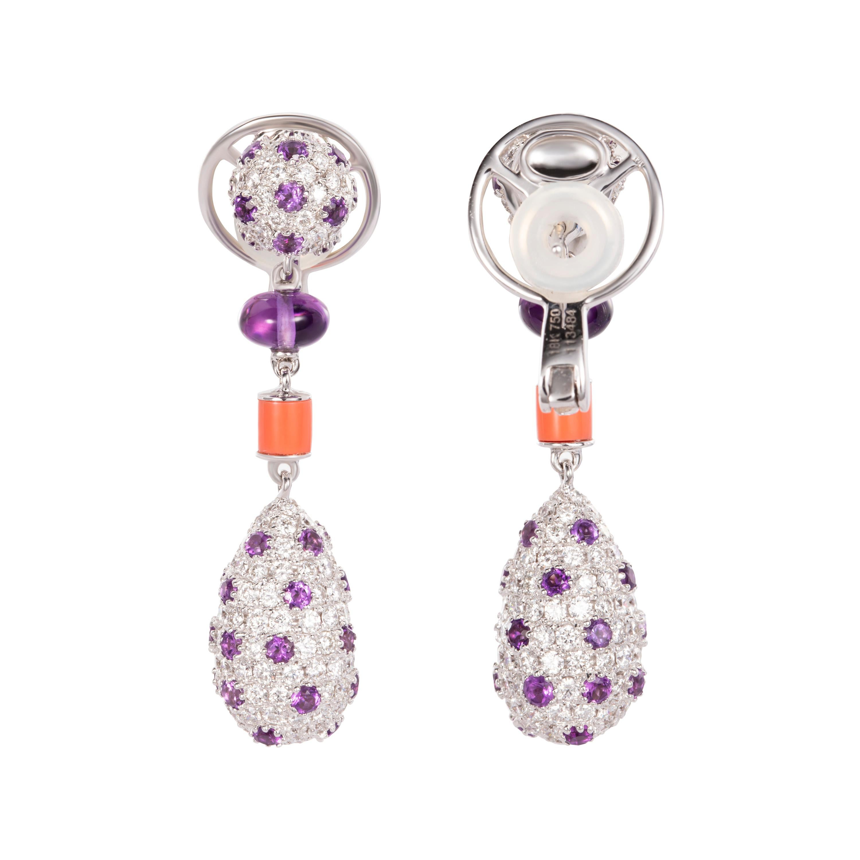 Round Cut 12.21 Carat Amethyst Coral Diamond Drop 18 Karat White Gold Dangle Drop Earrings For Sale