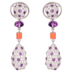 12.21 Carat Amethyst Coral Diamond Drop 18 Karat White Gold Dangle Drop Earrings