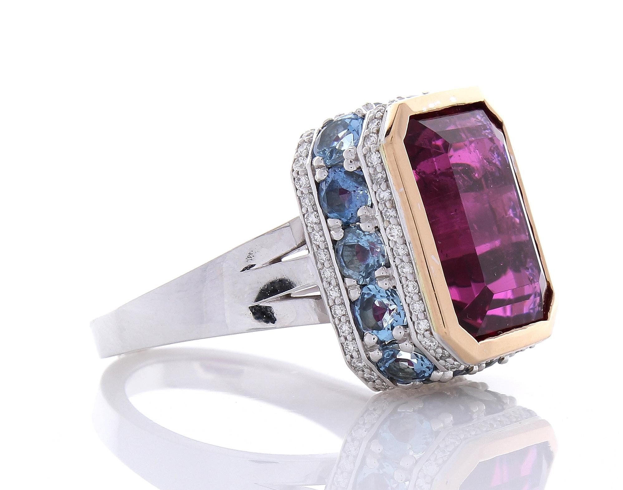 Contemporary 12.22 Carat Emerald Cut Rubelite and Diamond Cocktail Two Tone Ring in 18 Karat