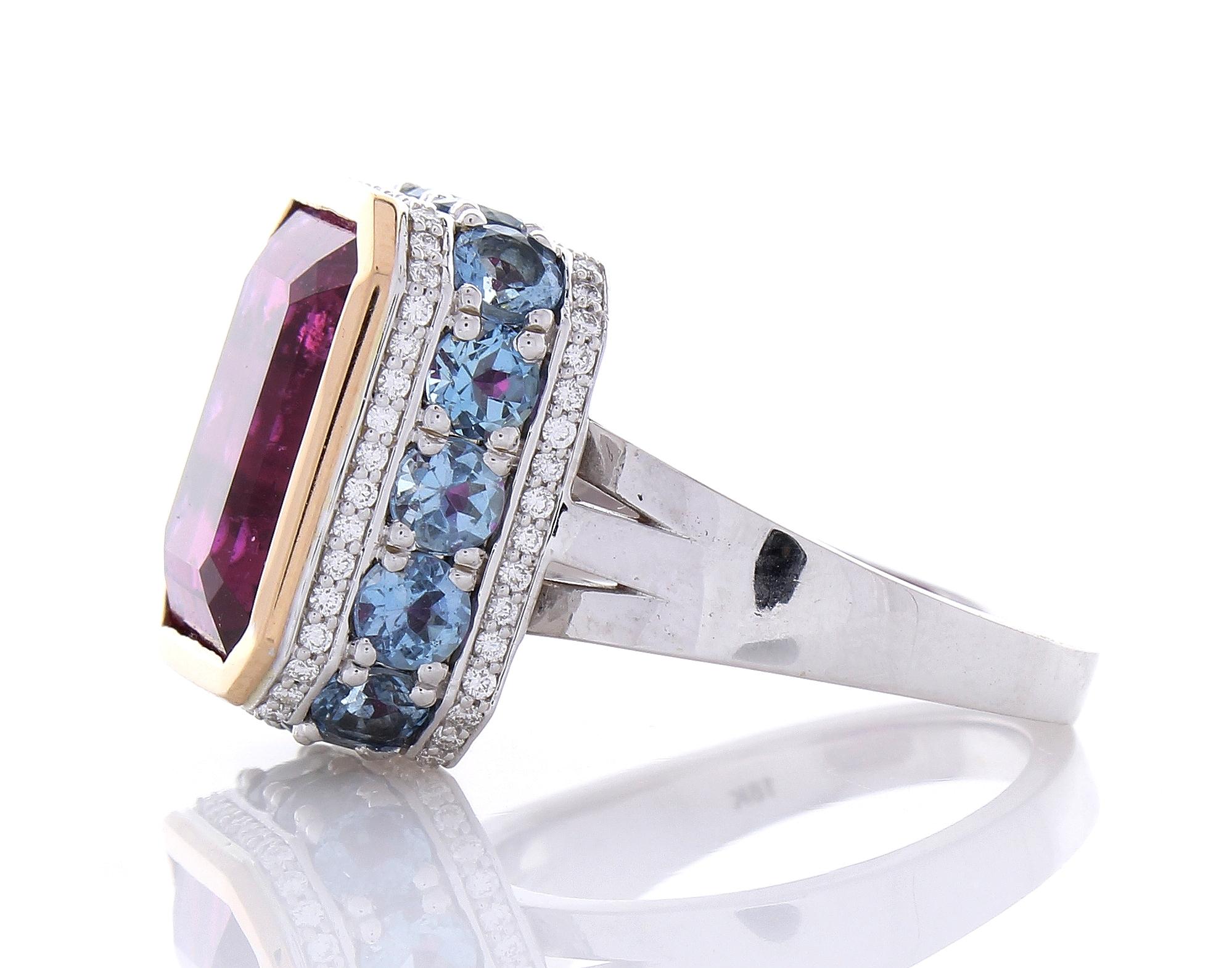 12.22 Carat Emerald Cut Rubelite and Diamond Cocktail Two Tone Ring in 18 Karat In New Condition In Chicago, IL