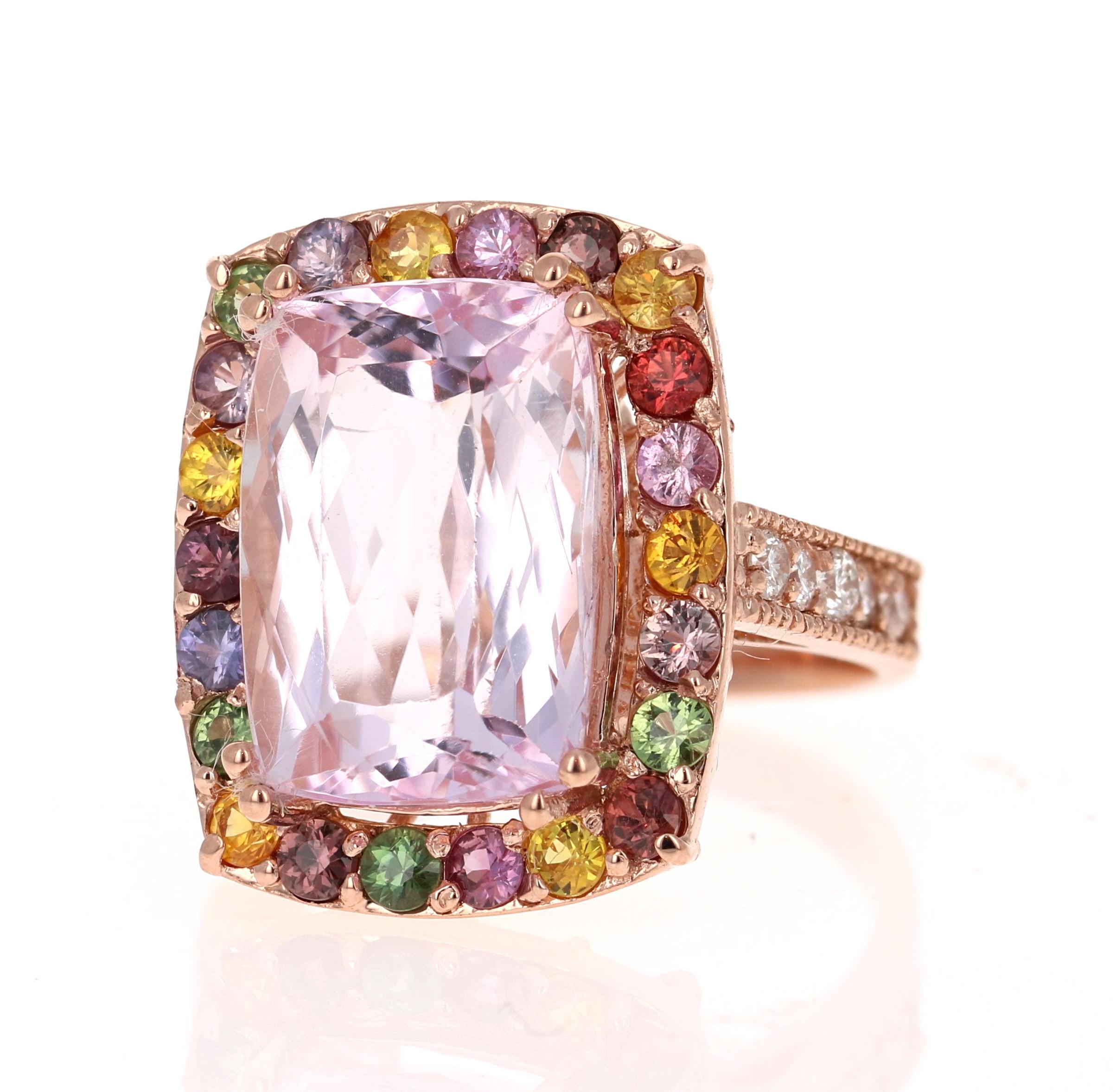 Candy Crush on your Finger!! 

This beautiful ring has a huge Emerald-Cushion Cut 10.25 Carat Kunzite that is set in the center of the ring and is surrounded by 22 Round Cut Multi-Colored Natural Sapphires that weigh 1.62 Carats.  This gorgeous ring