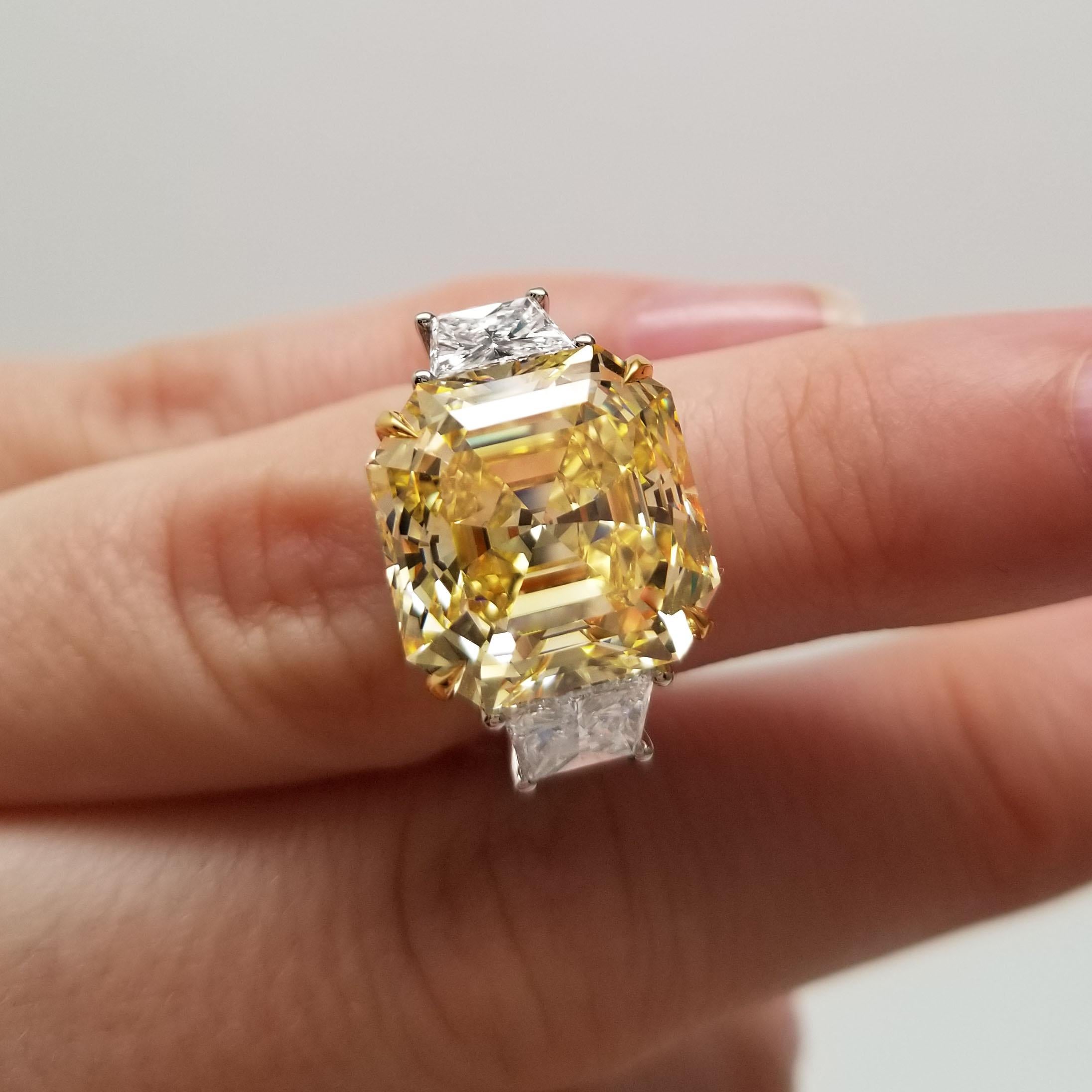 Women's 12.22 ct Asscher Cut GIA Certified Engagement Ring Scarseli Fancy Intense Yellow For Sale