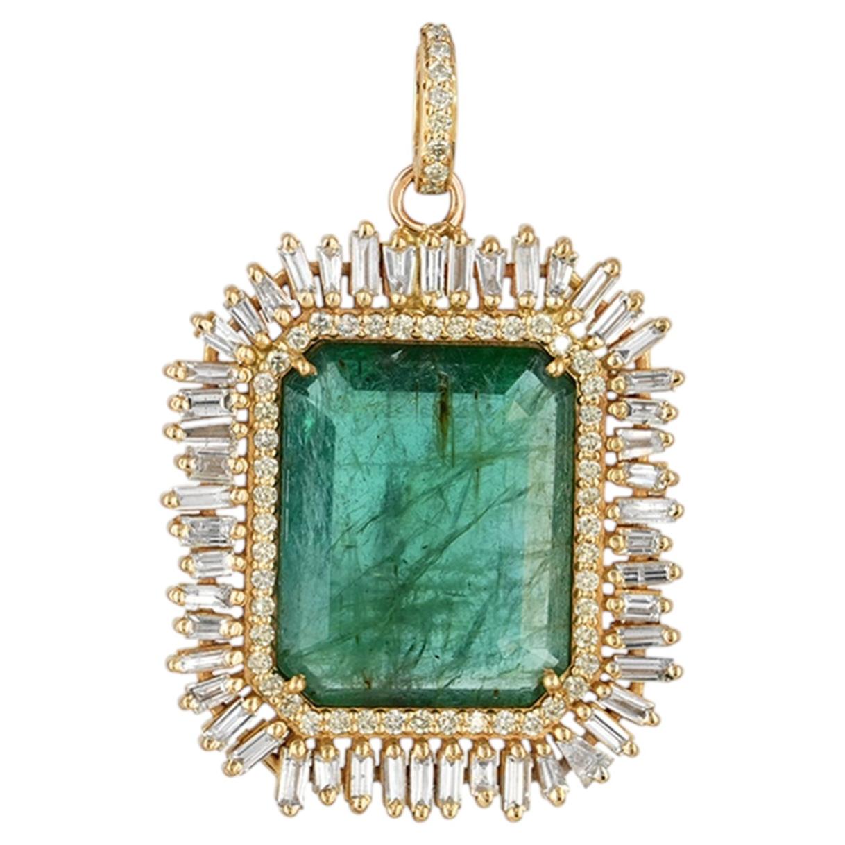 12,22 cts Diamante Esmeralda Grande Natural Colgante Oro 14kt Joyas Art Decó