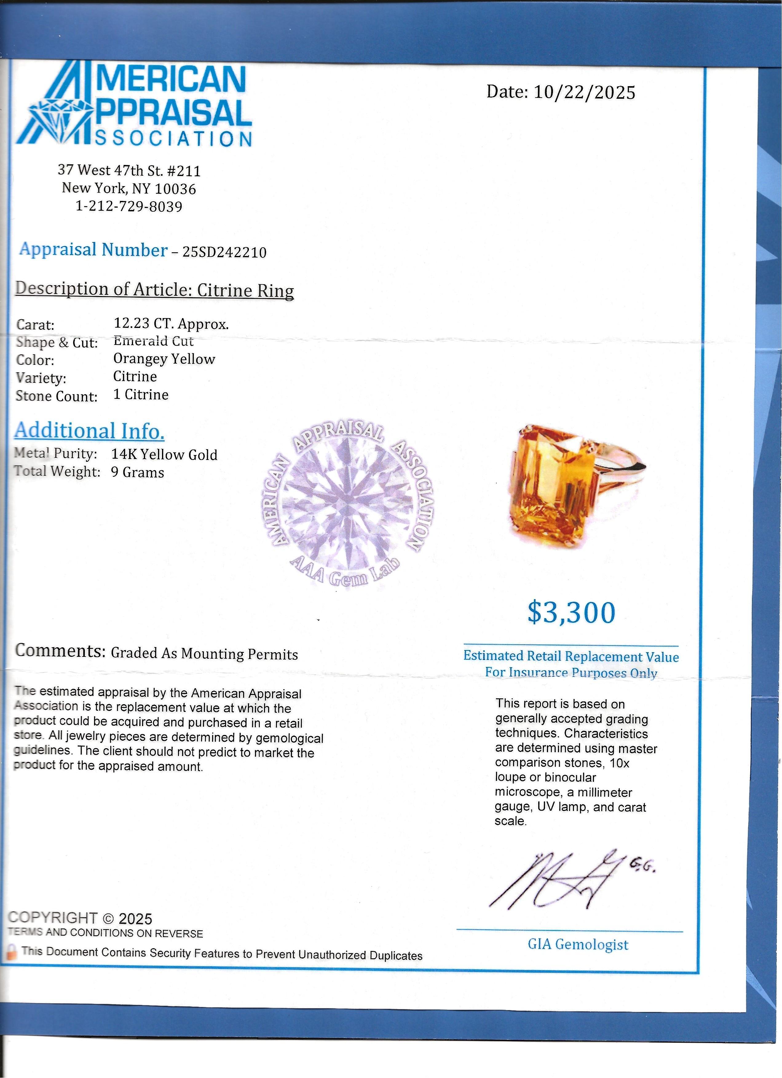 12,23 Karat Smaragdschliff Citrin Cocktail Ring in 14 Karat Gelbgold im Angebot 5