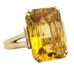 12.23 Carat Emerald Cut Citrine Cocktail Ring in 14 Karat Yellow Gold