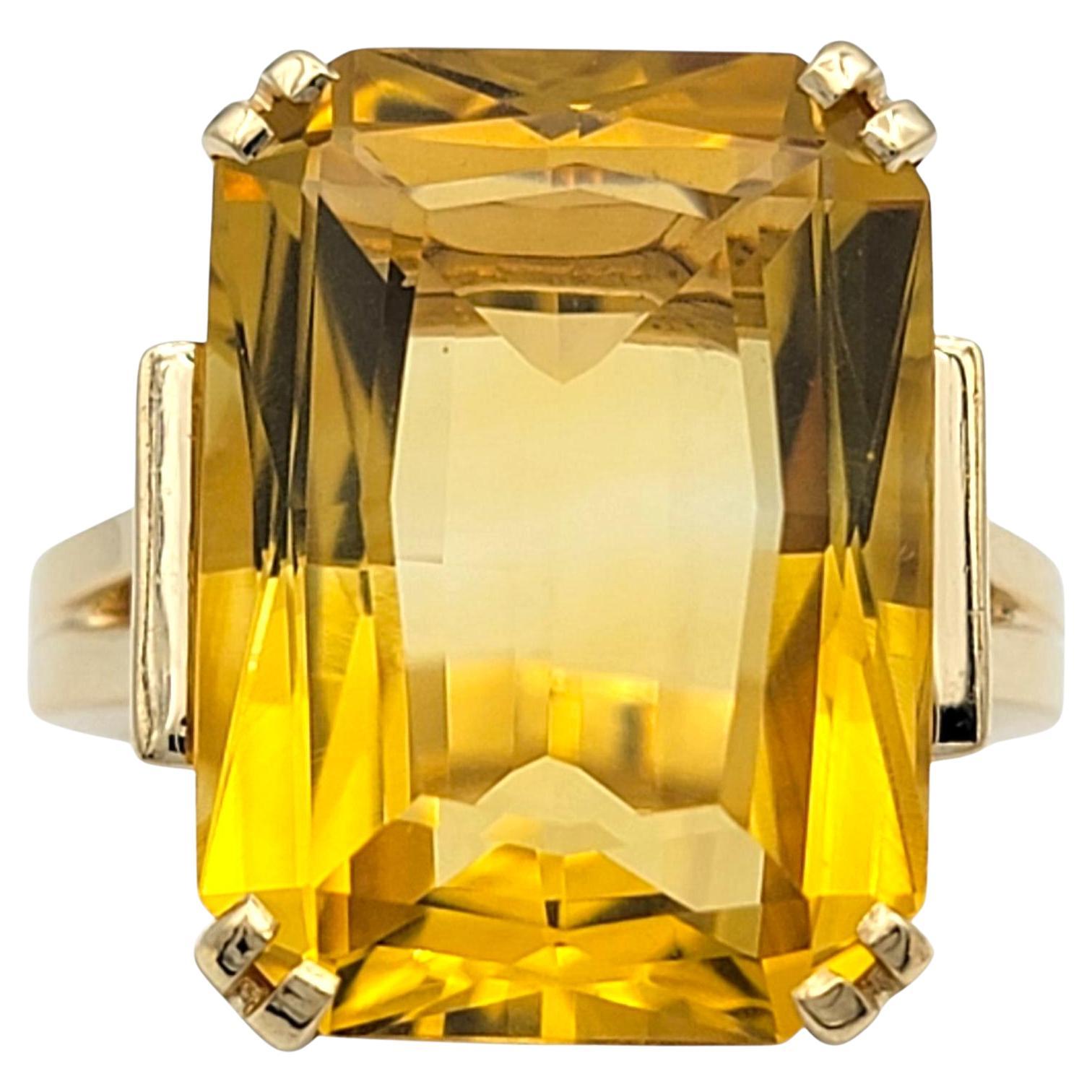 12.23 Carat Emerald Cut Citrine Cocktail Ring in 14 Karat Yellow Gold