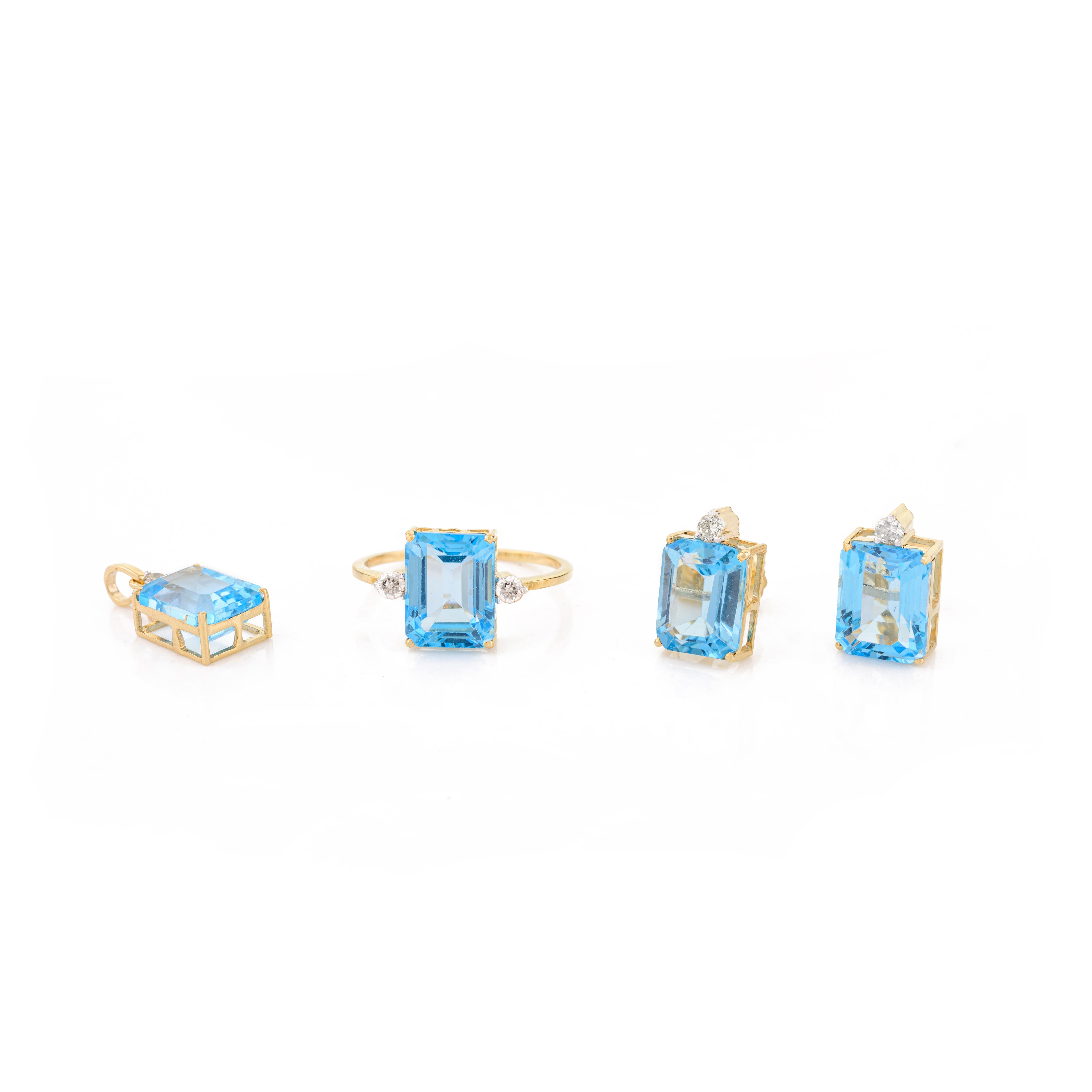 Modern 12.23 CTW Blue Topaz Diamond Ring Pendant Earrings Set in 18k Yellow Gold For Sale