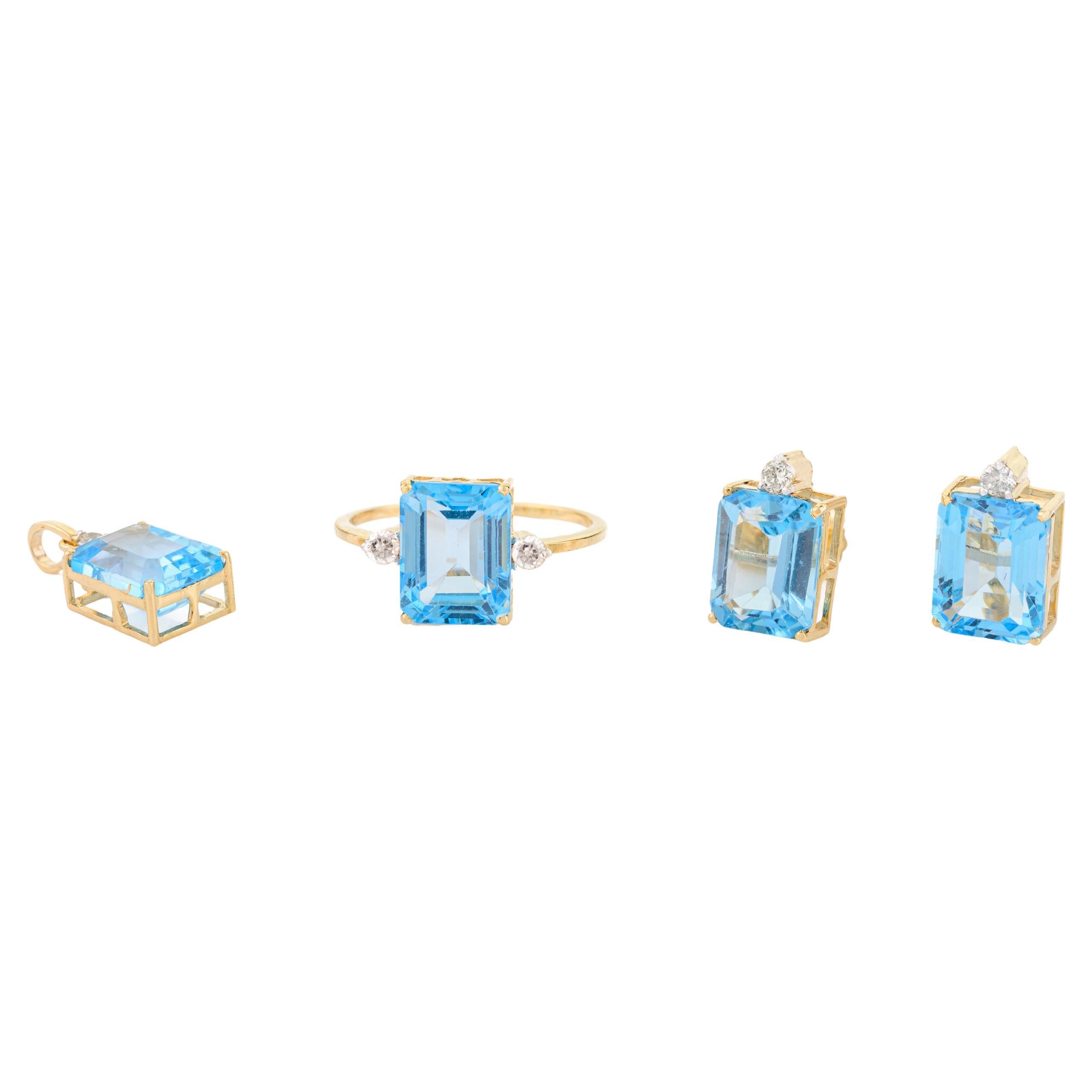 12.23 CTW Blue Topaz Diamond Ring Pendant Earrings Set in 18k Yellow Gold For Sale