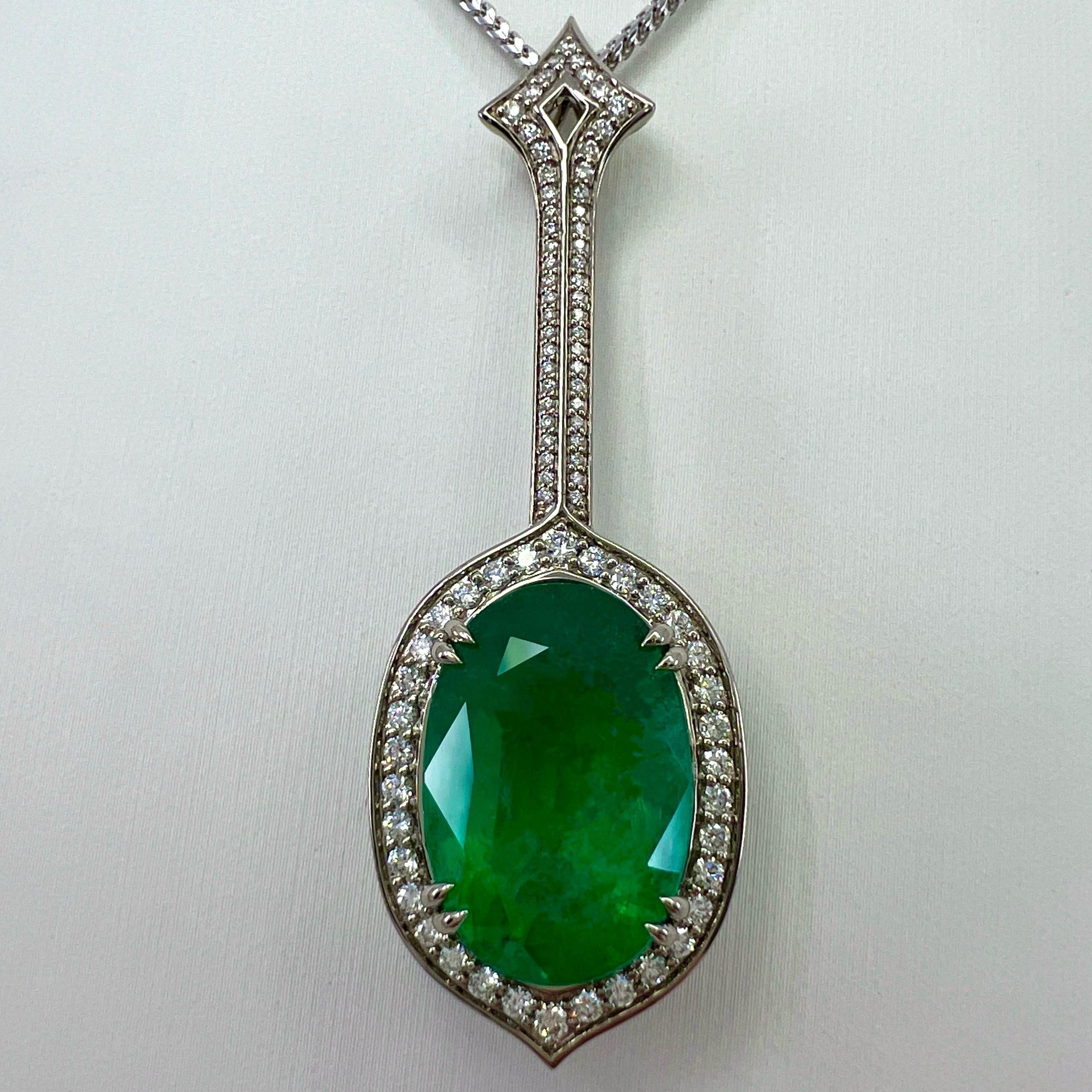 12.23ct GIA Certified RARE Russian Emerald & Diamond 18k White Gold Halo Pendant For Sale 5