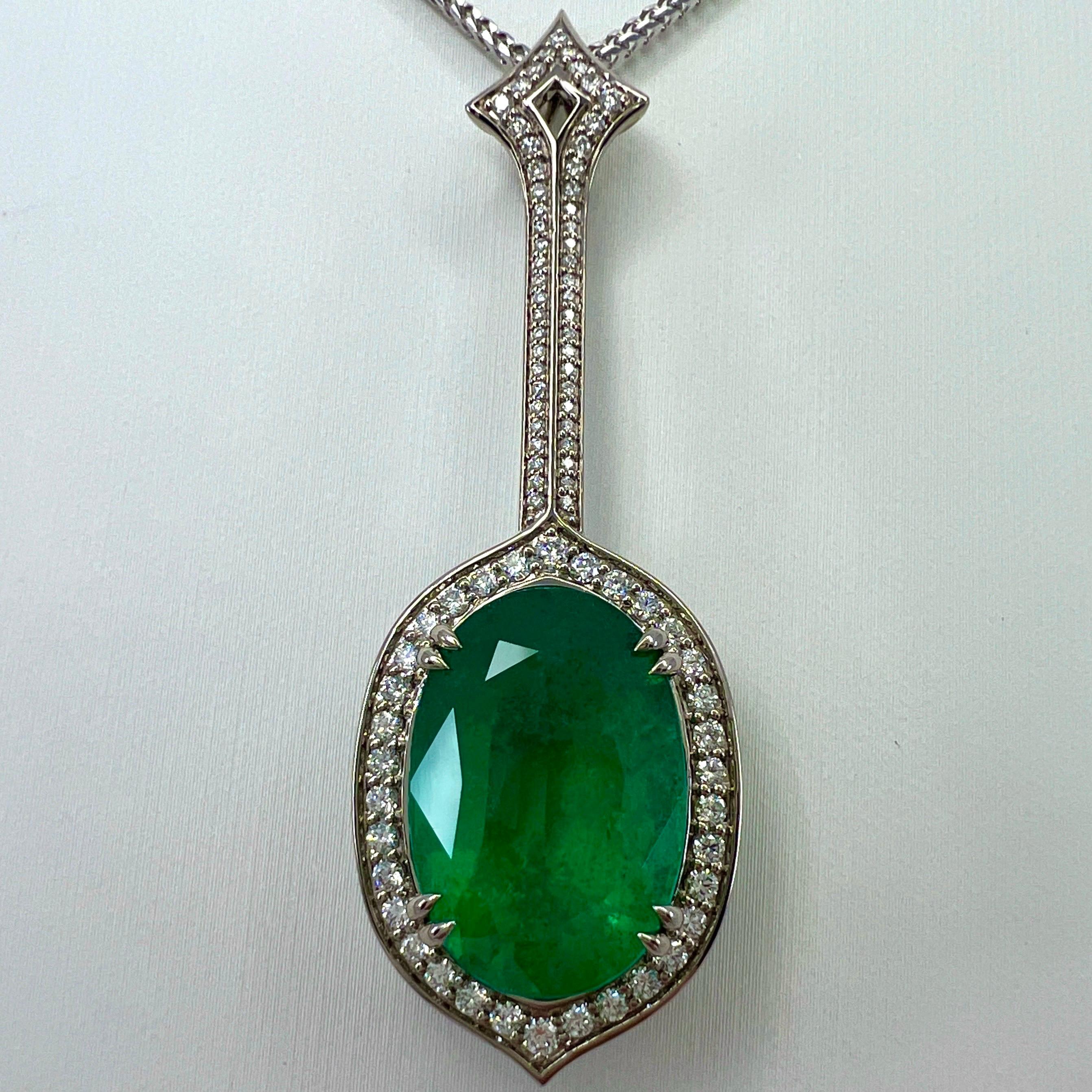 12.23ct GIA Certified RARE Russian Emerald & Diamond 18k White Gold Halo Pendant For Sale 7