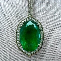 12.23ct GIA Certified RARE Russian Emerald & Diamond 18k White Gold Halo Pendant