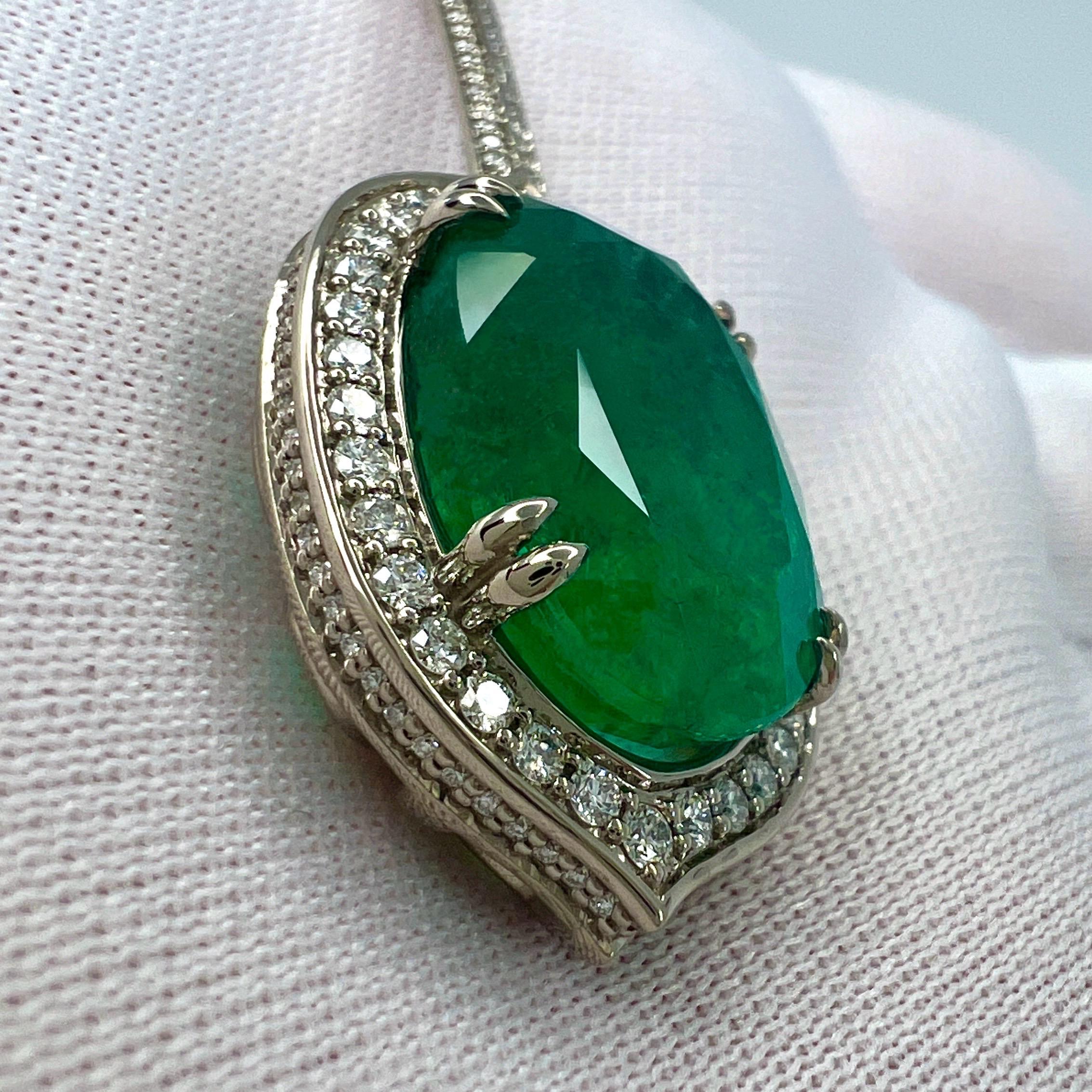 12.23ct GIA Certified RARE Russian Emerald & Diamond 18k White Gold Halo Pendant For Sale 3