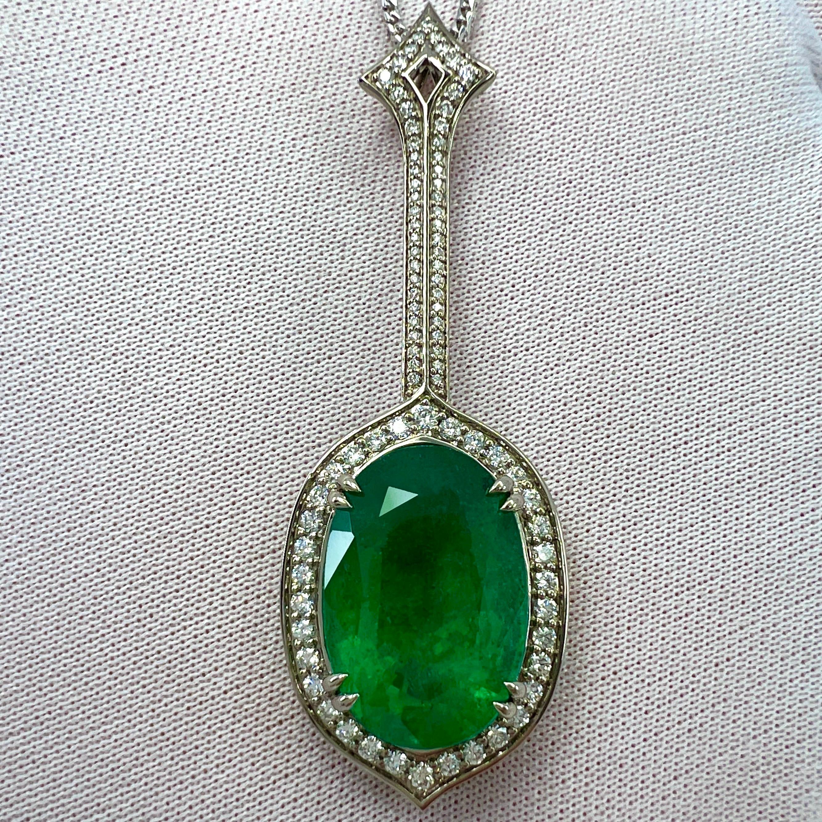12.23ct GIA Certified RARE Russian Emerald & Diamond 18k White Gold Halo Pendant For Sale 4