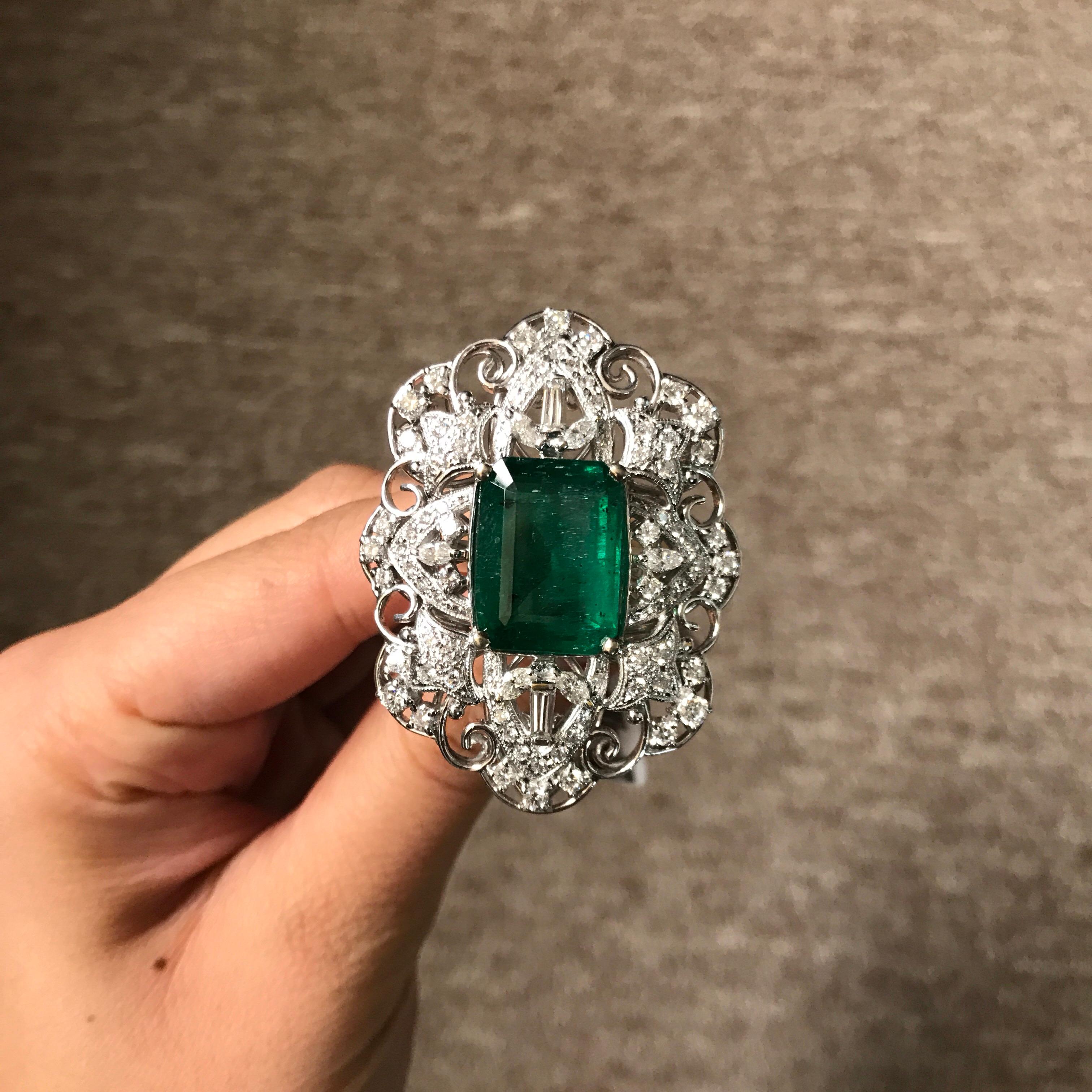 Art Deco 12.24 Carat Emerald and Diamond 18 Karat Gold Cocktail Ring