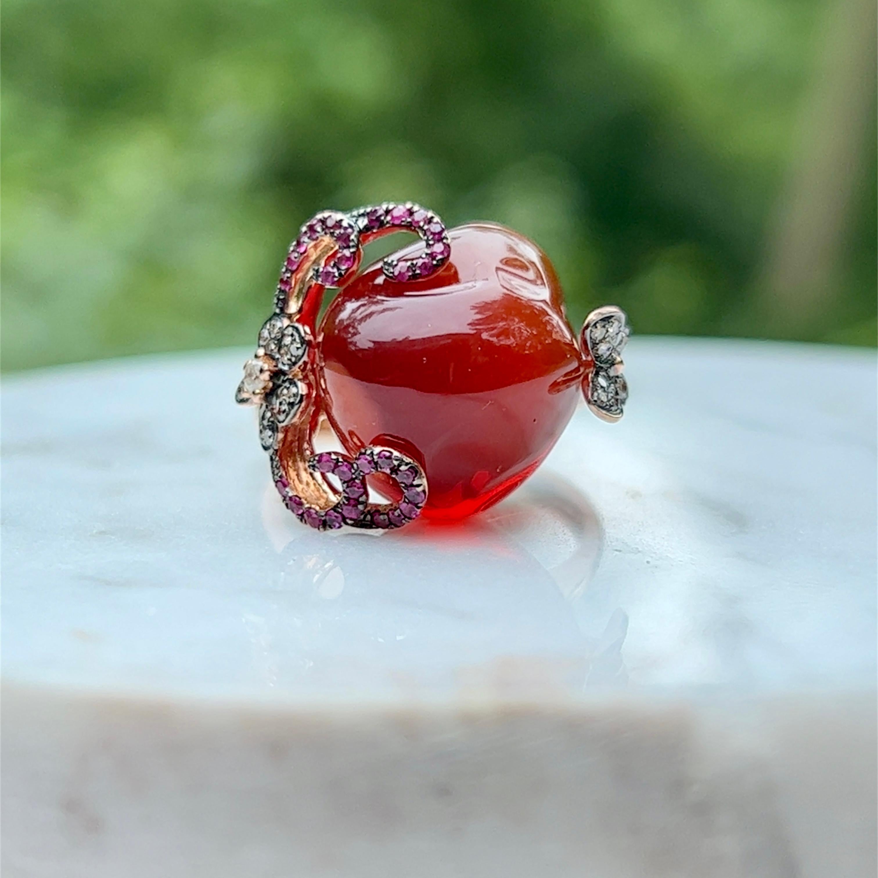 12.24 Carat Mexican Fire Opal with Diamonds and Rubies in 14K Rose Gold 3