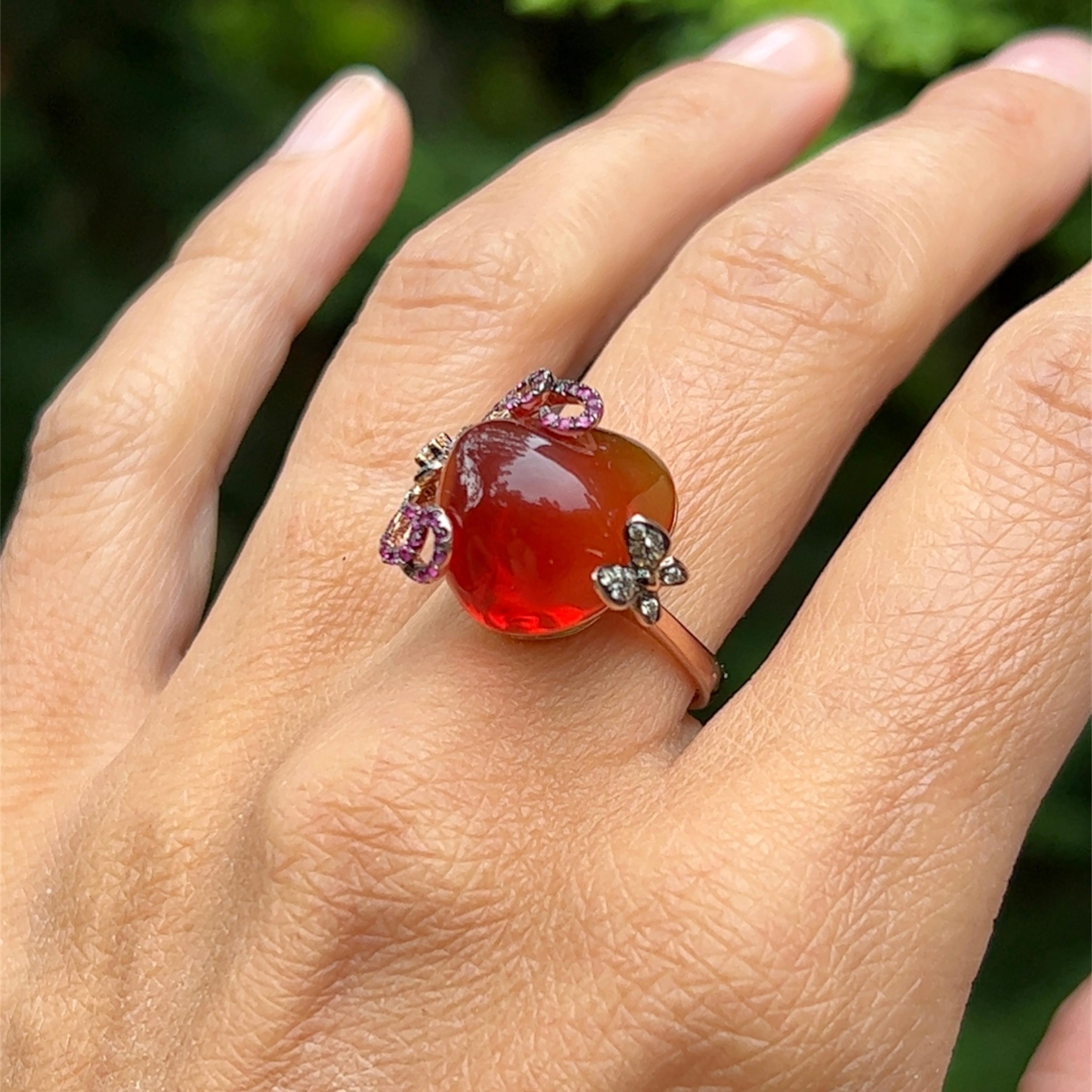 12.24 Carat Mexican Fire Opal with Diamonds and Rubies in 14K Rose Gold 4