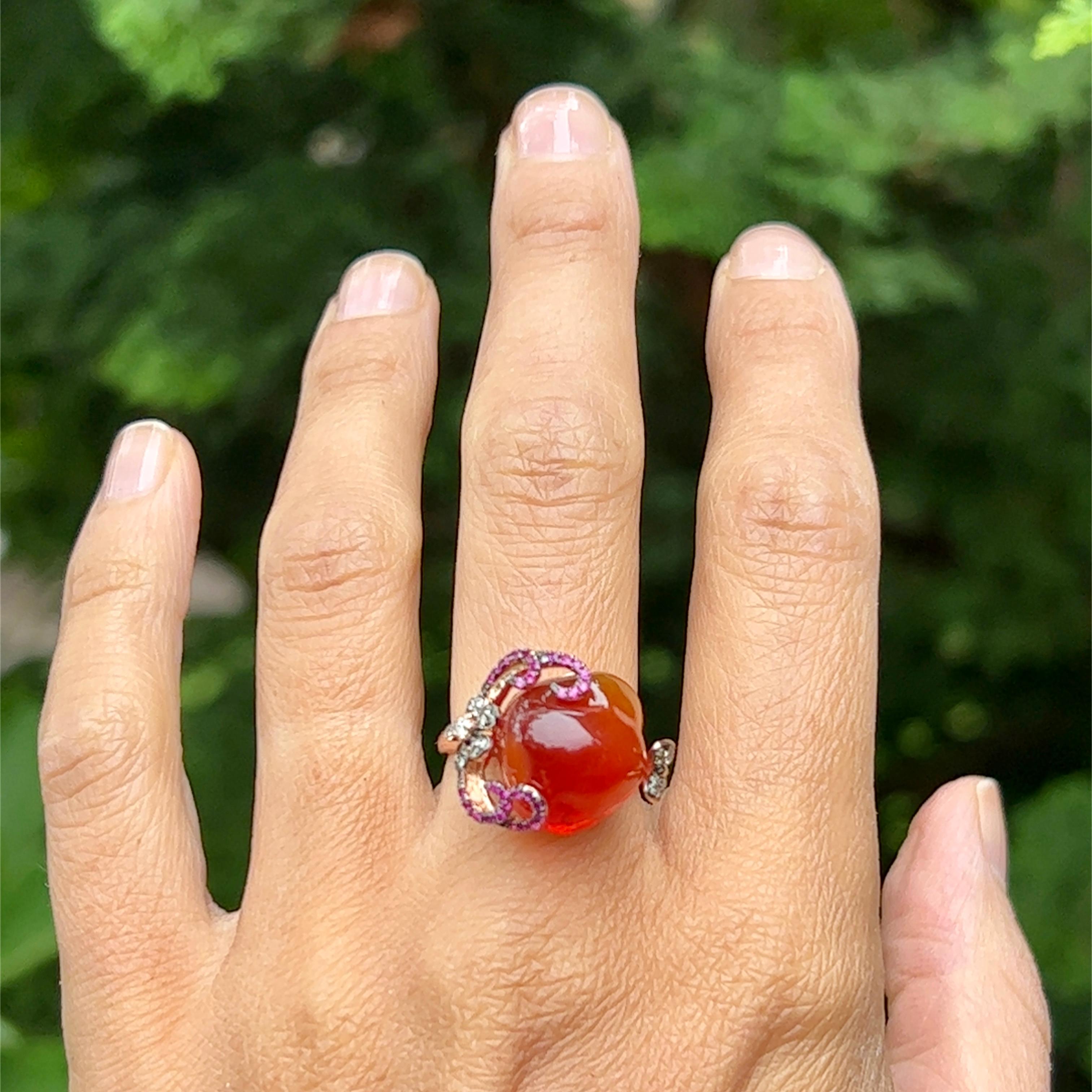 12.24 Carat Mexican Fire Opal with Diamonds and Rubies in 14K Rose Gold 5