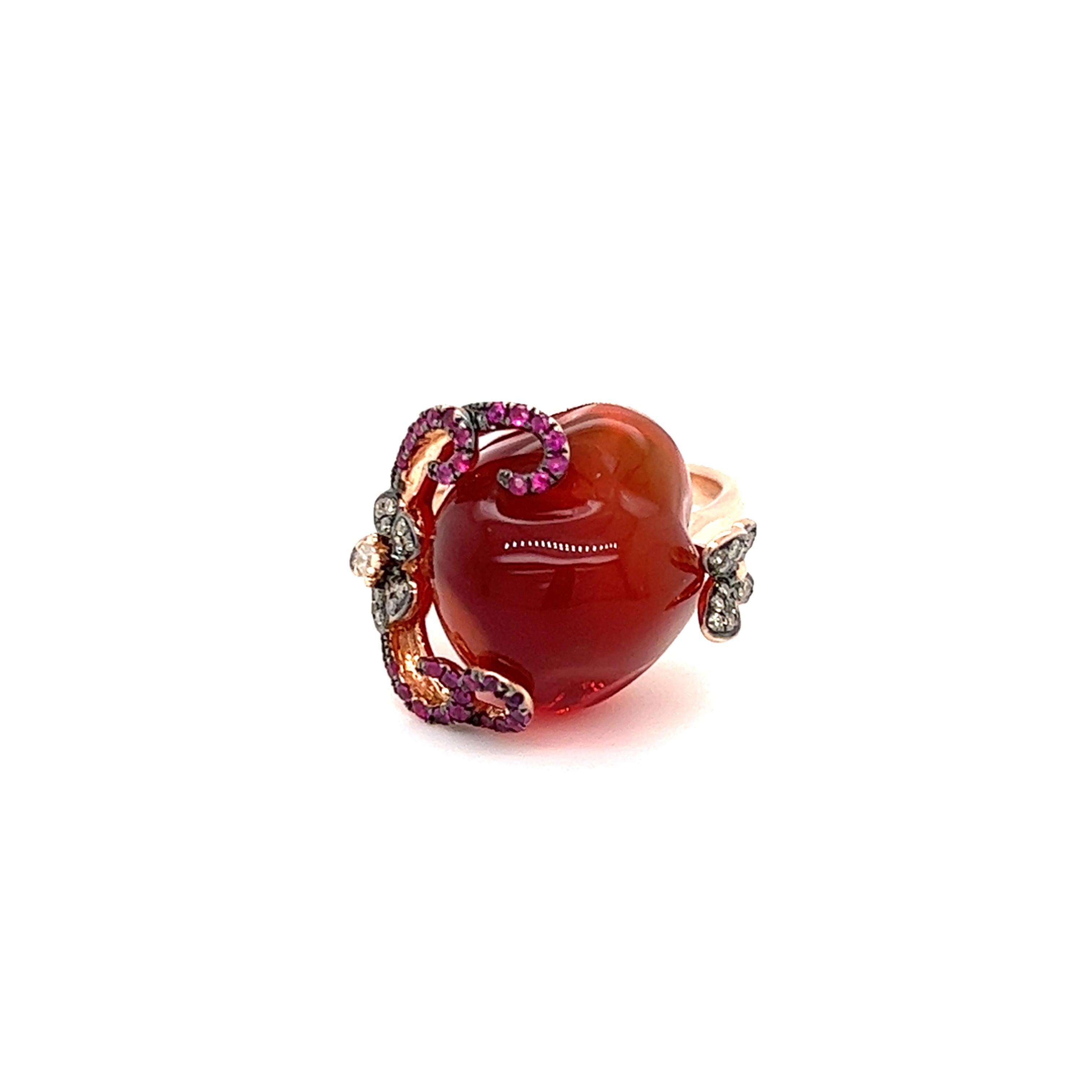 Uncut 12.24 Carat Mexican Fire Opal with Diamonds and Rubies in 14K Rose Gold