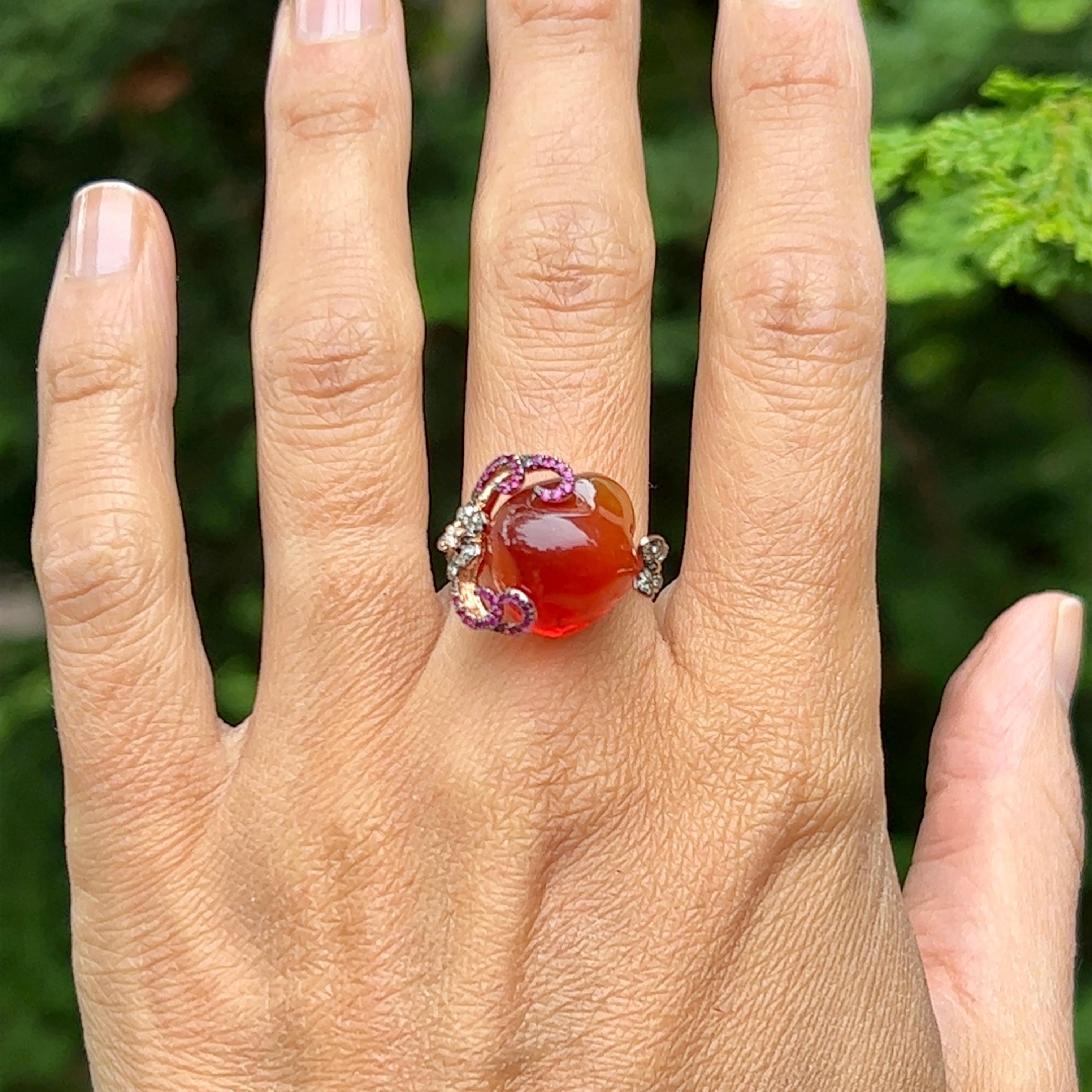 12.24 Carat Mexican Fire Opal with Diamonds and Rubies in 14K Rose Gold 1