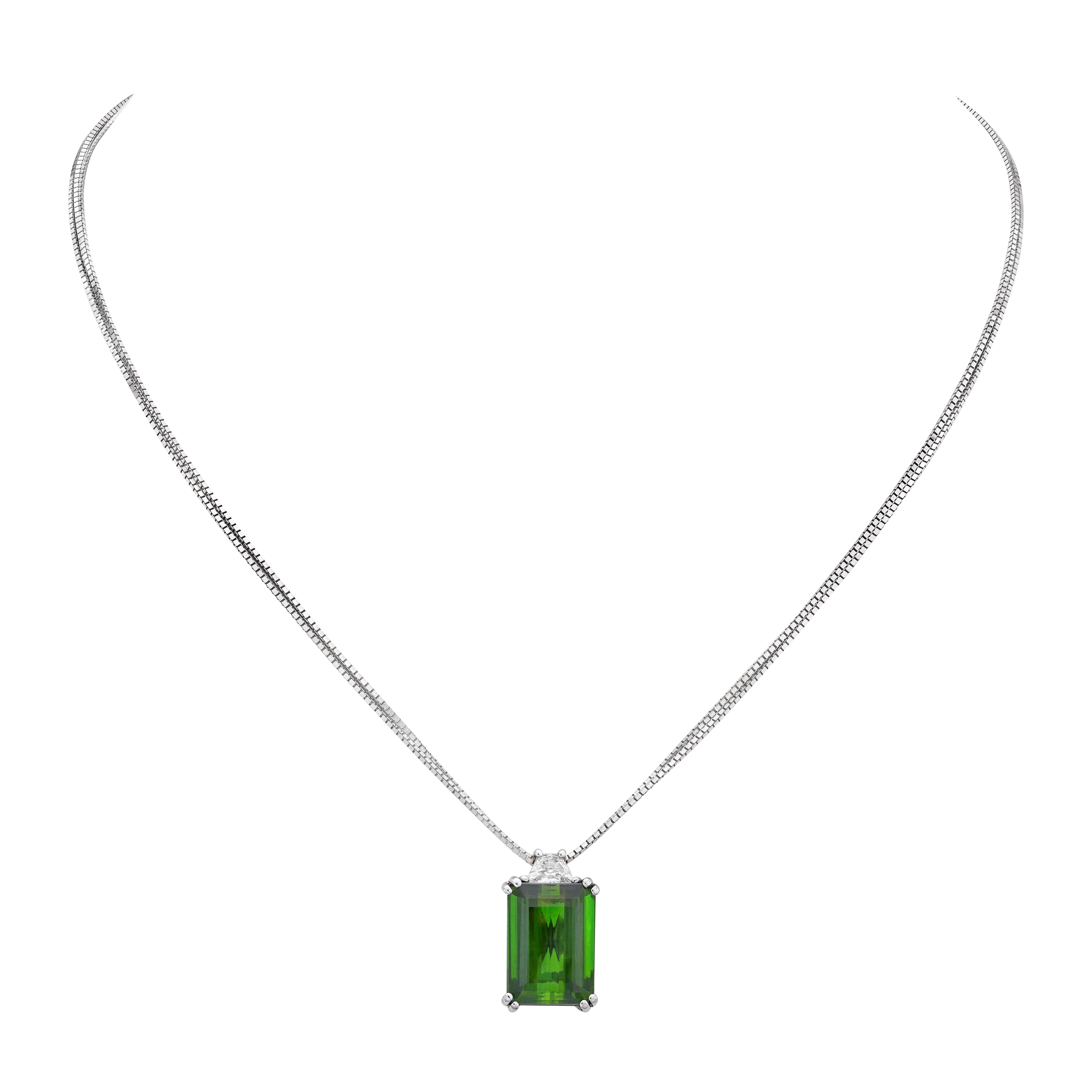 Gorgeous necklace, perfect for every day wear.  Designed and created alongside matching earrings and ring that can be found in separate listings.  

Necklace Details:

Emerald Cut Chrome Green Tourmaline (15.6 x 11.3 mm) weighing 11.58 Carats
    