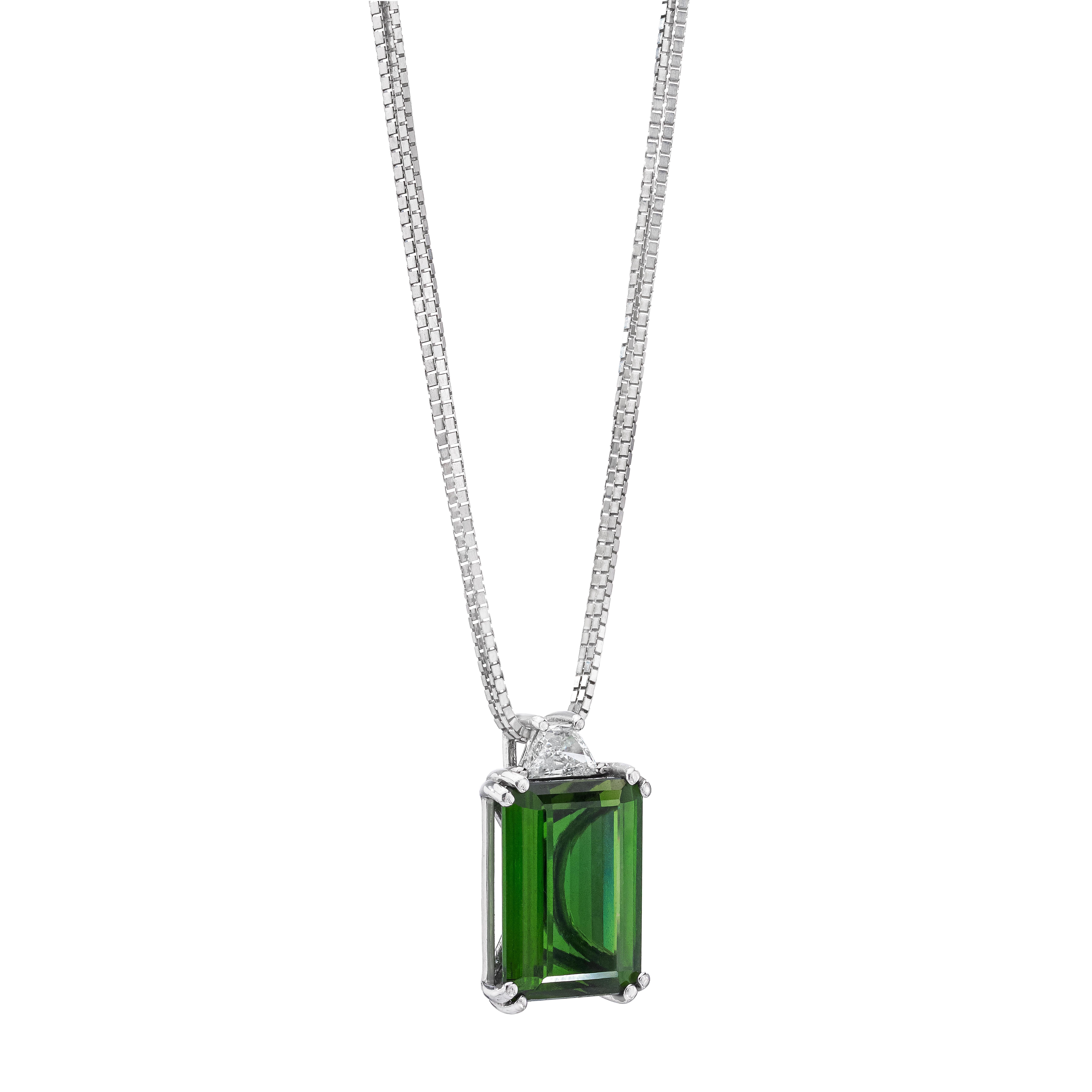 Modern 12.24 Carats Emerald Cut Chrome Tourmaline and Trapezoid Diamond Pendant  For Sale