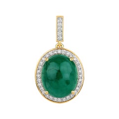 12.25 Carat Emerald Cabochon and White Diamond 14 Karat Yellow Gold Pendant