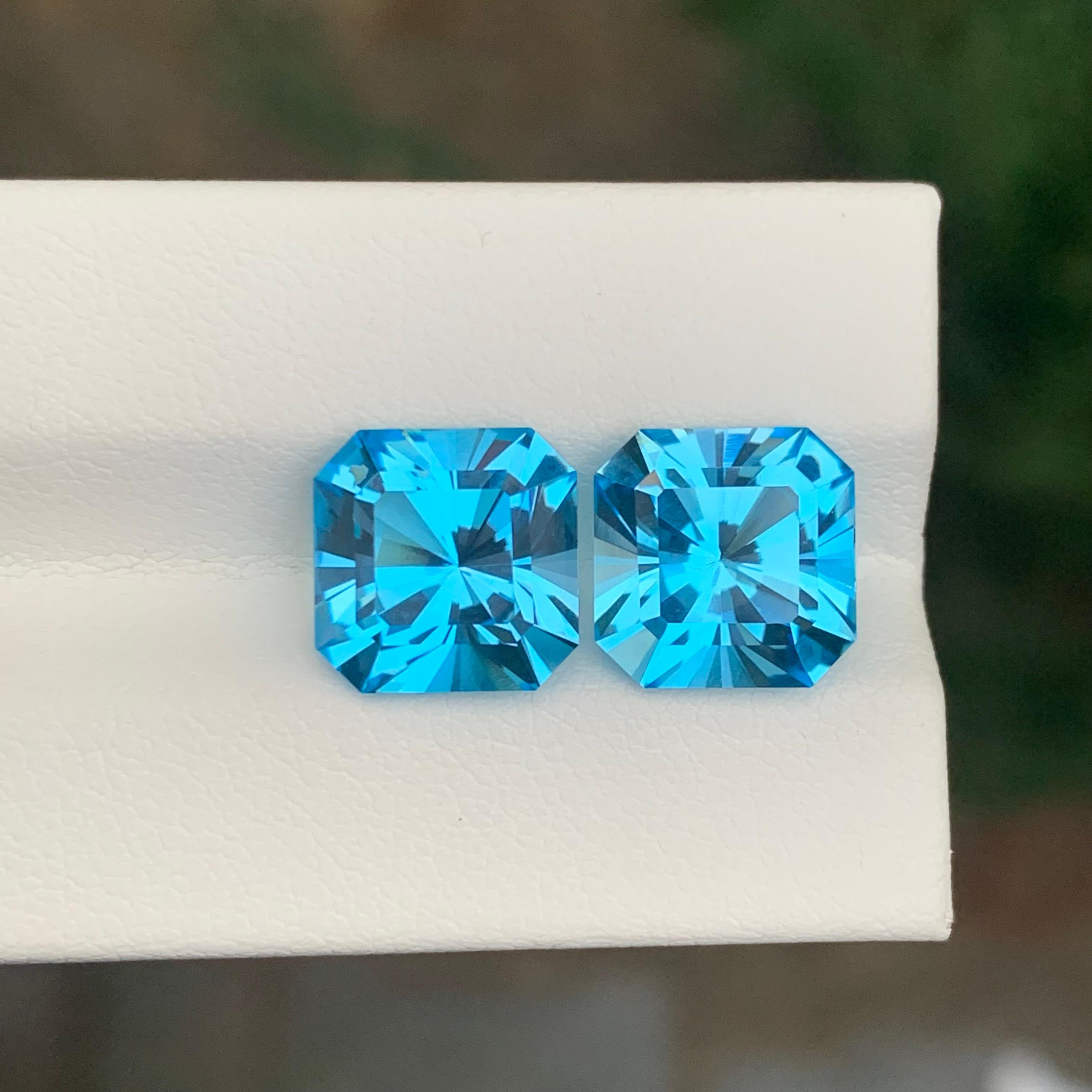 12.25 Carat Natural Loose Swiss Blue Topaz Pair Square Cut Gemstone For Sale 6