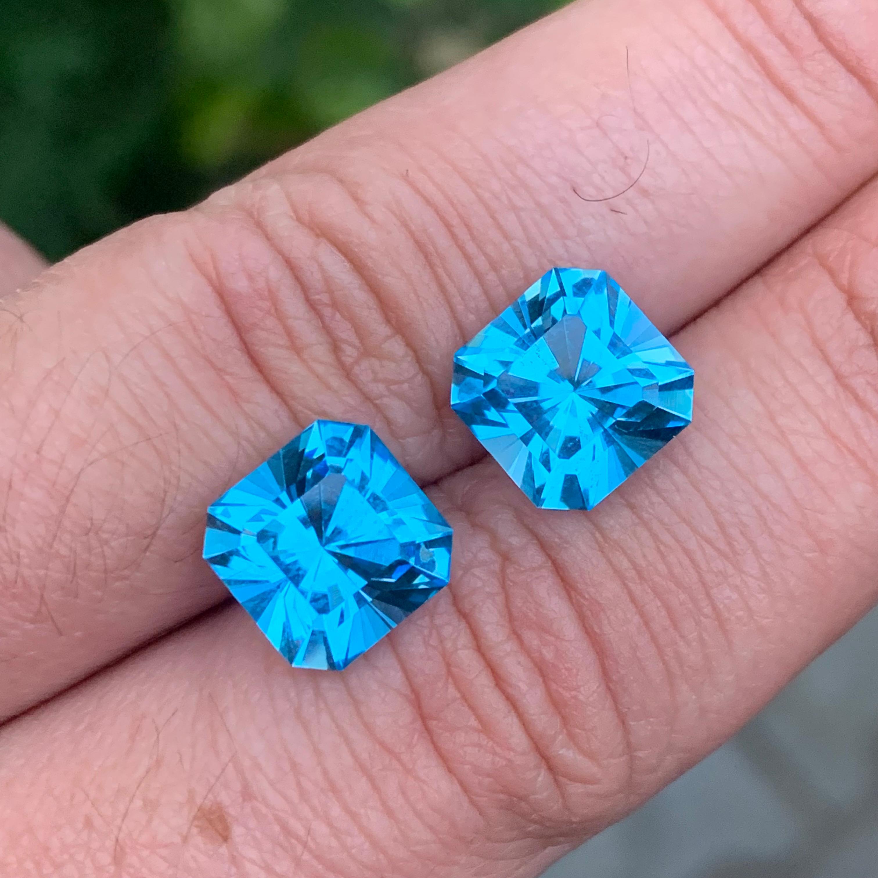 Arts and Crafts 12.25 Carat Natural Loose Swiss Blue Topaz Pair Square Cut Gemstone For Sale