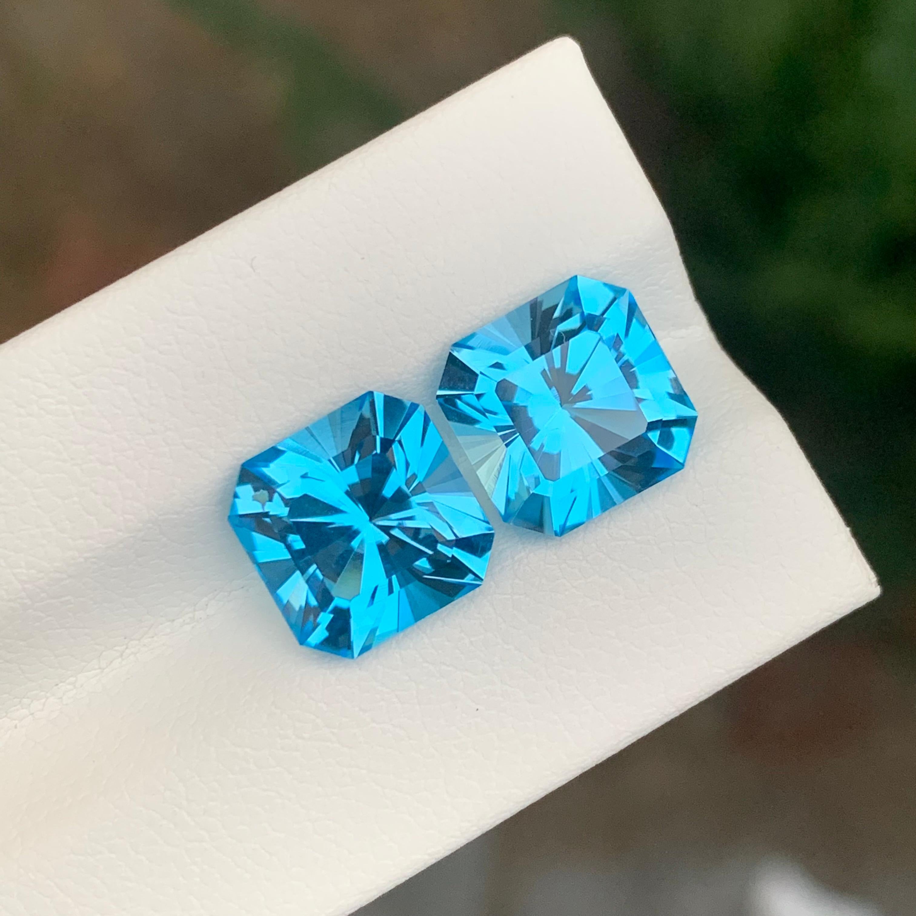 12.25 Carat Natural Loose Swiss Blue Topaz Pair Square Cut Gemstone For Sale 1