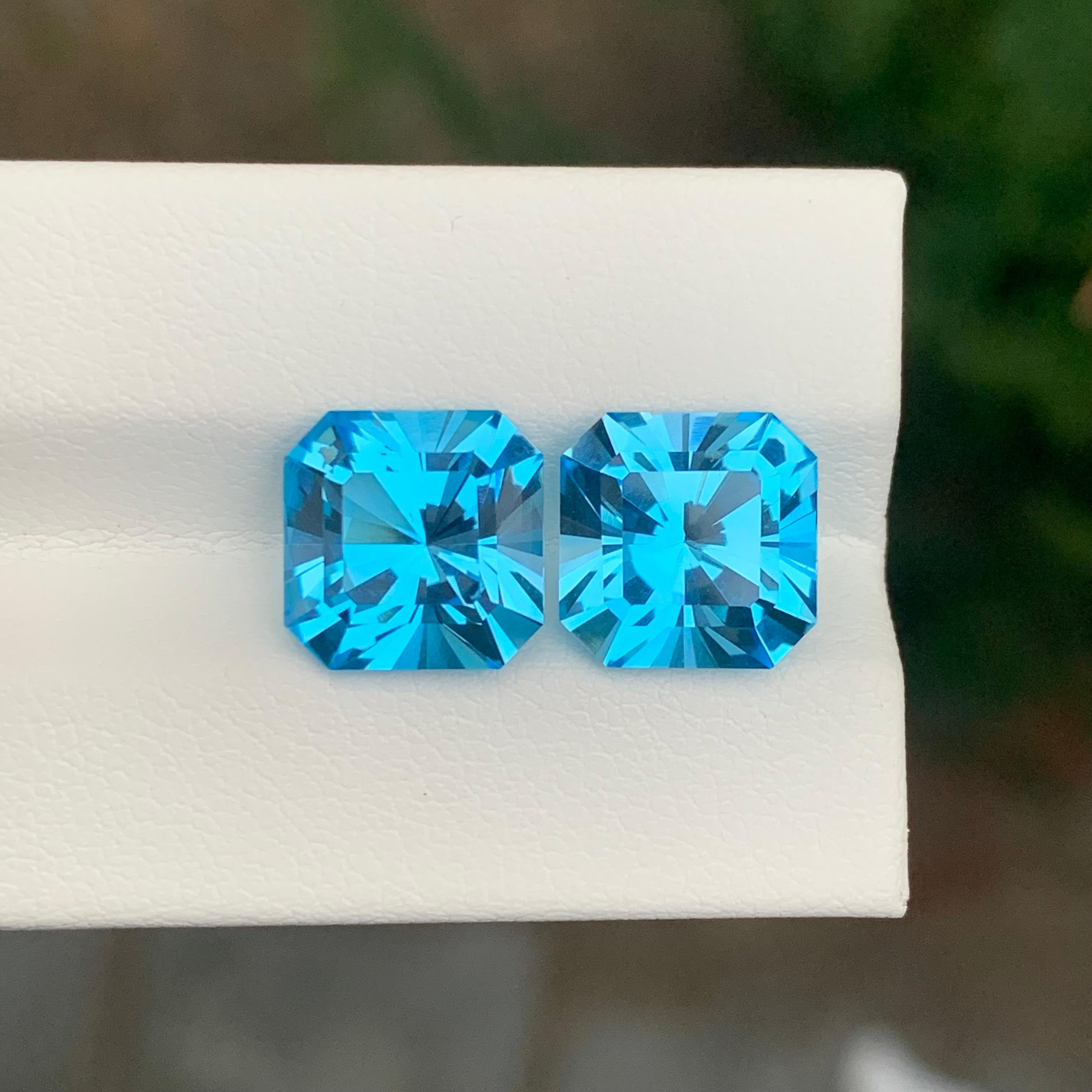 12.25 Carat Natural Loose Swiss Blue Topaz Pair Square Cut Gemstone For Sale 2