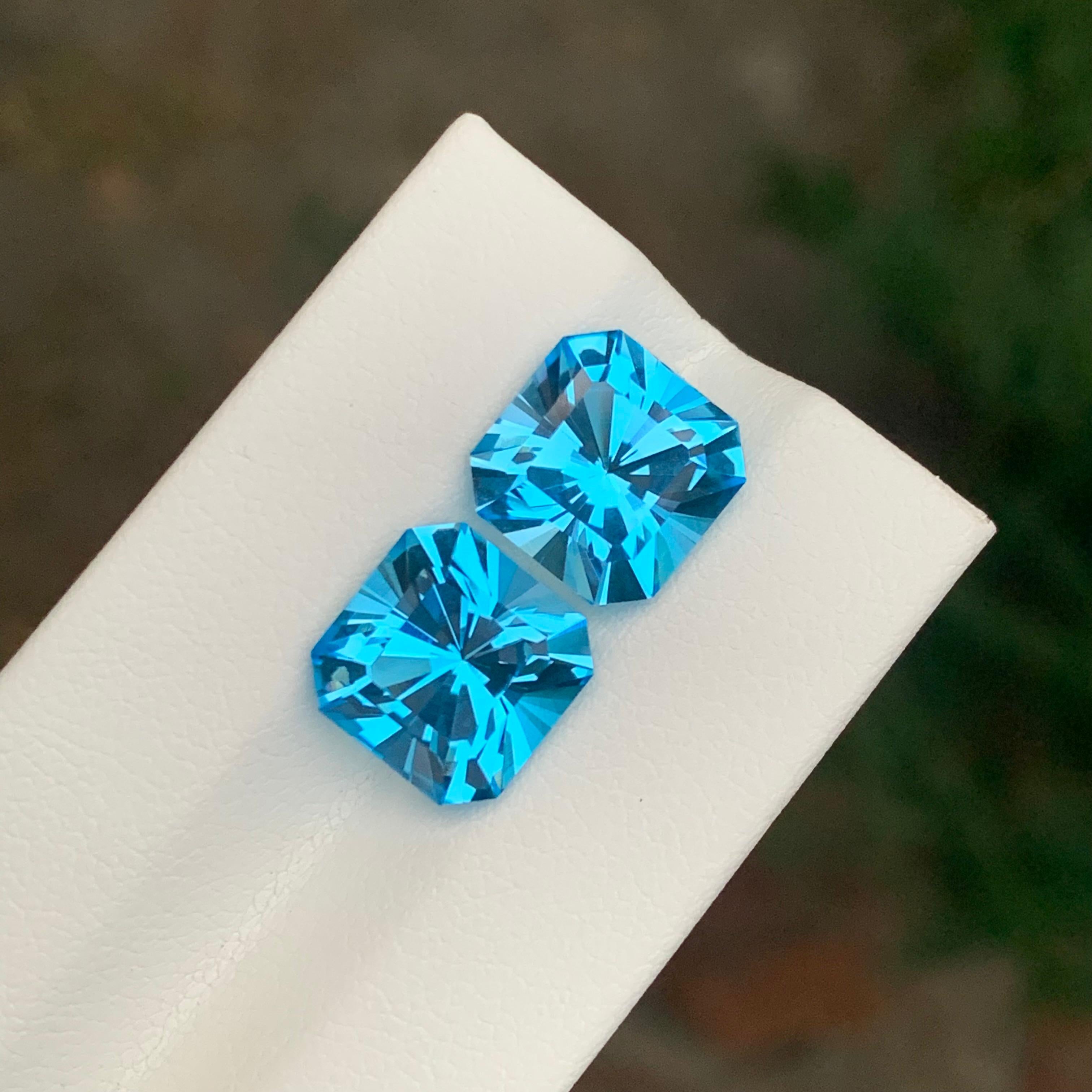 12.25 Carat Natural Loose Swiss Blue Topaz Pair Square Cut Gemstone For Sale 4