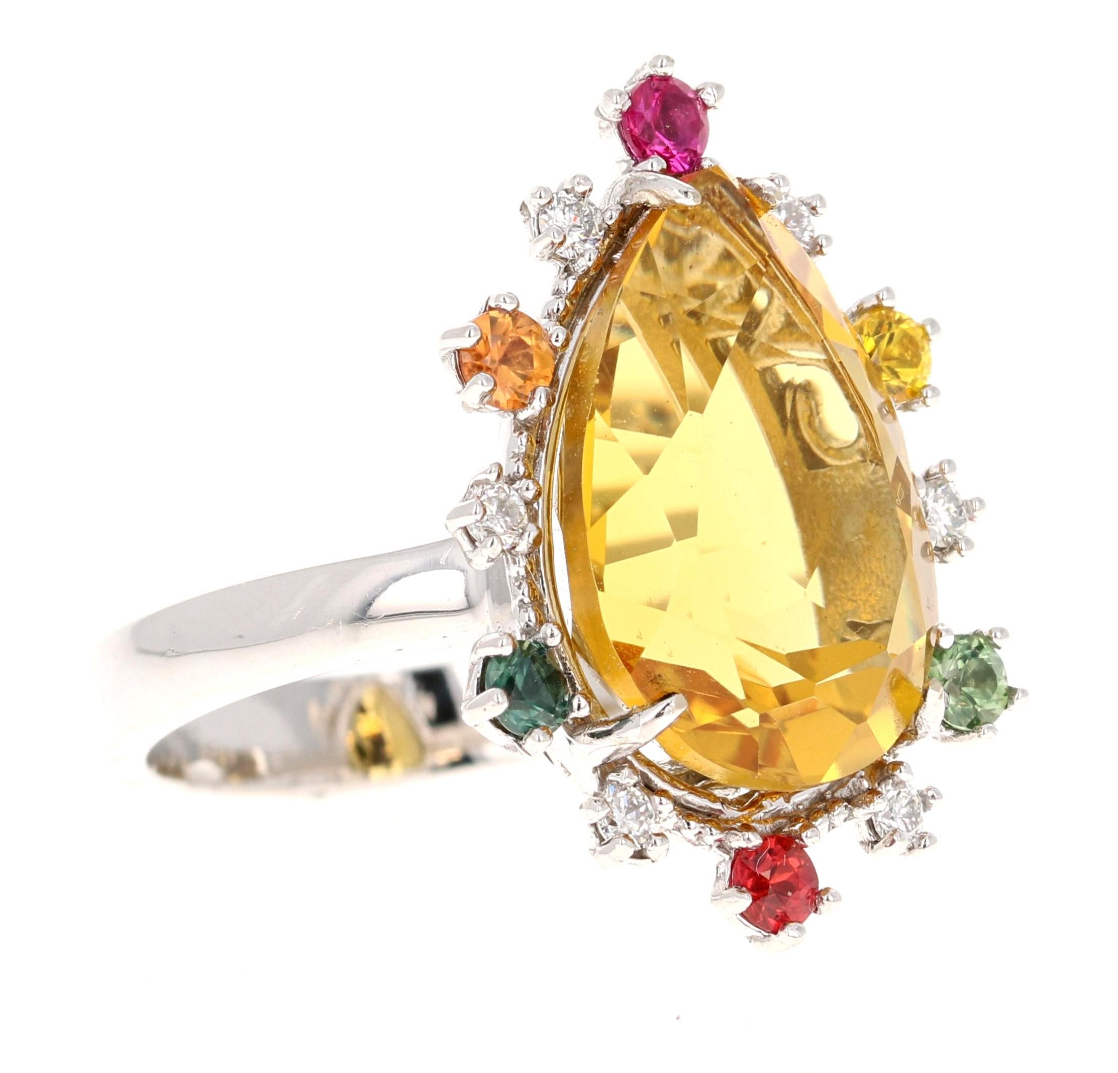12.25 Carat Pear Cut Citrine Sapphire Diamond Yellow Gold Cocktail Ring

This gorgeous ring has a magnificent Pear Cut Citrine Quartz weighing 11.37 carats and is surrounded by Natural Multicolor Sapphires that weigh 0.70 carats and Natural Round