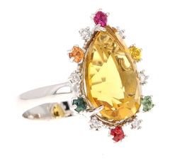 12.25 Carat Pear Cut Natural Citrine Sapphire Diamond Yellow Gold Cocktail Ring