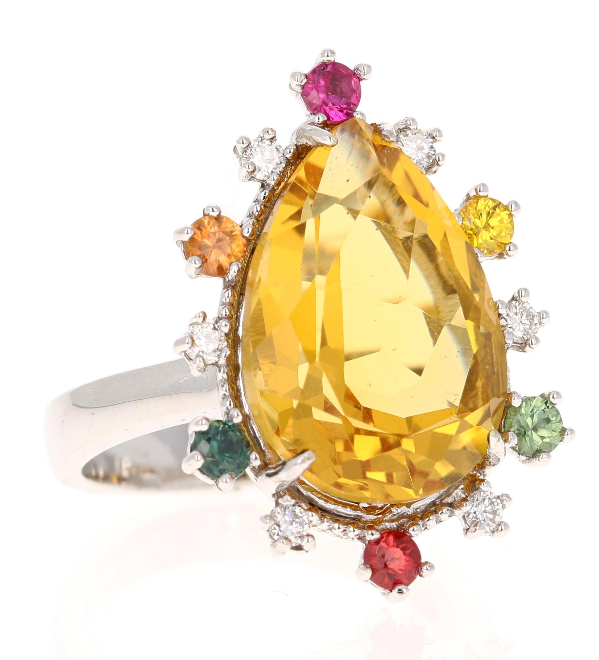 Contemporary 12.25 Carat Pear Cut Citrine Sapphire Diamond Yellow Gold Cocktail Ring For Sale